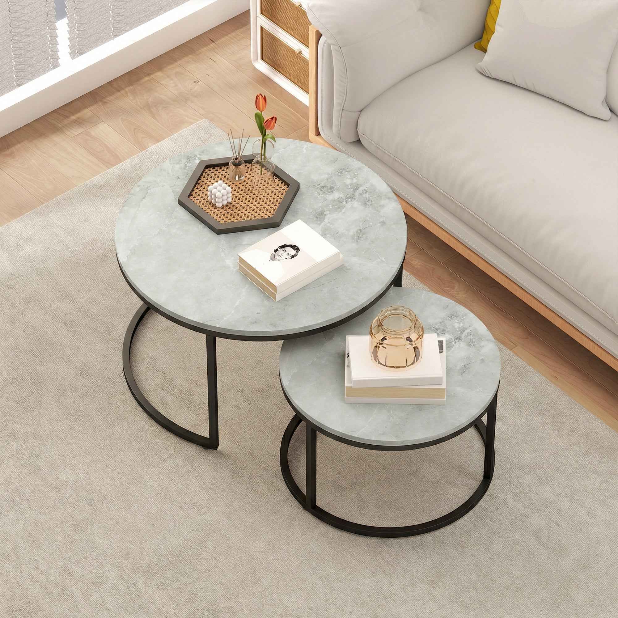 HOMCOM Set of 2 Round Coffee Tables with Marble Effect Top, in Wood and Metal, Marble Grey