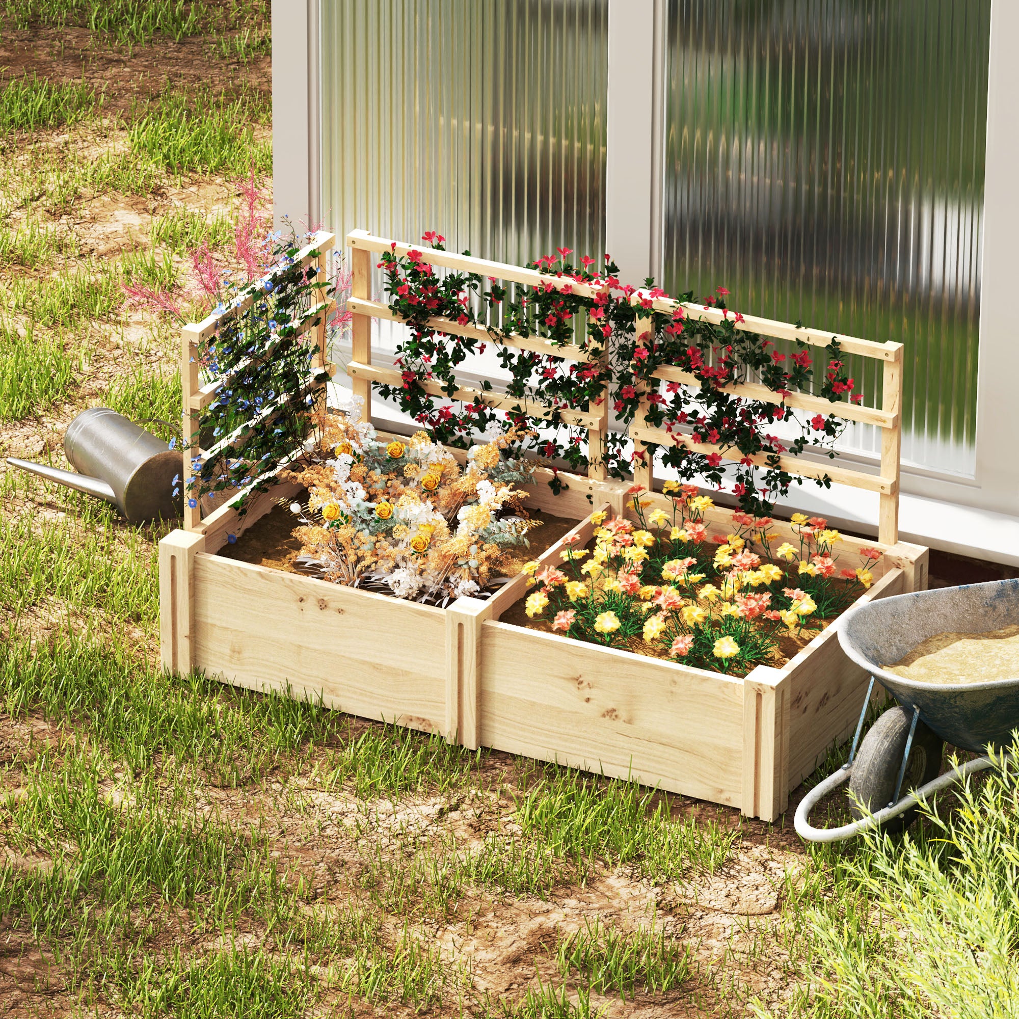 Garden Bed with 3 Trellis and 2 Fir Wood Planters with Open Bottom, 119x62.5x64 cm, Wood Color
