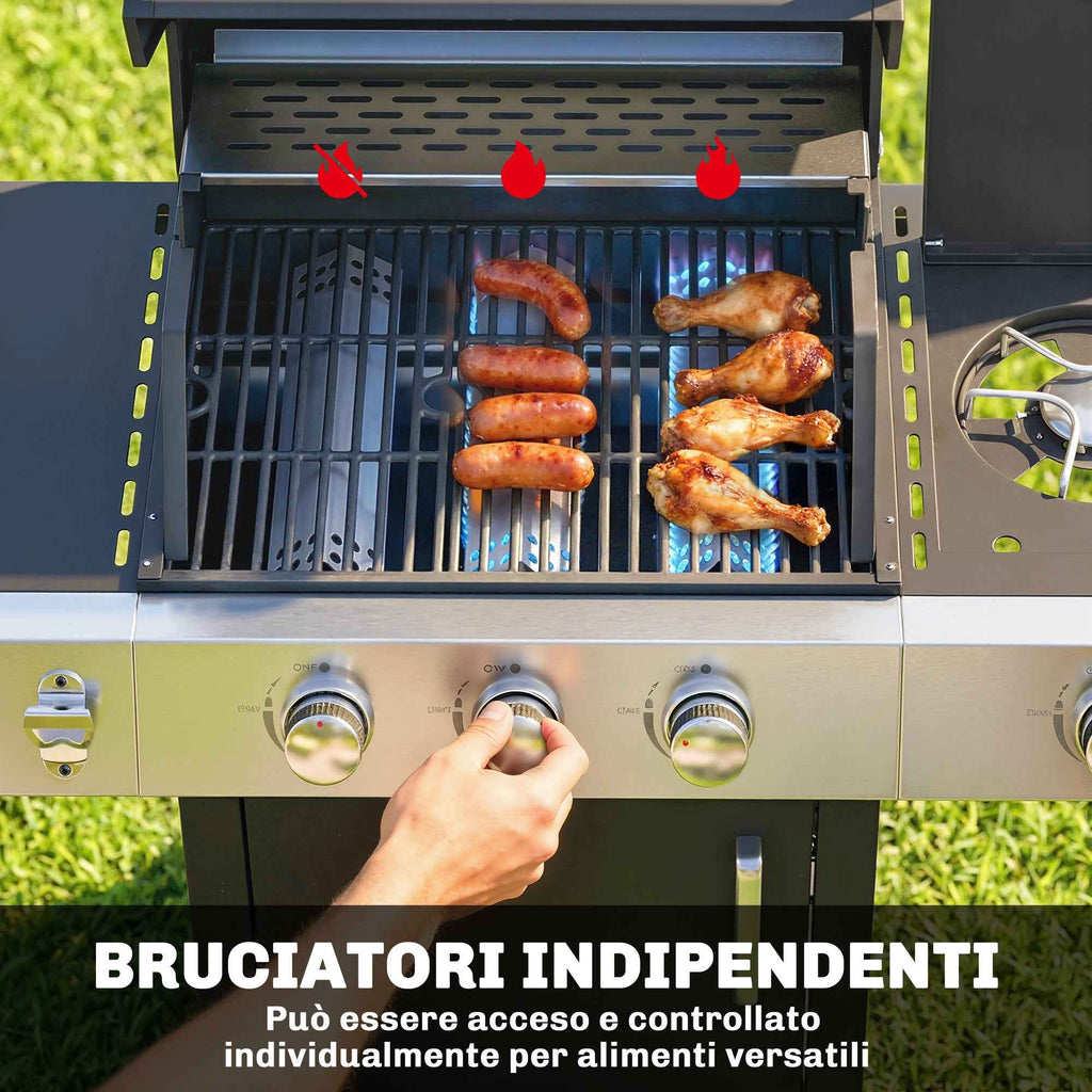 Outsunny Gas Barbecue with 3 Burners and Side Burner, 109x50x109 cm, Black