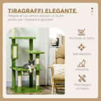 Multi-Level Cat Tree with Hammock, Scratching Post, Ball and Decorative Leaves, 49x49x142 cm, Green