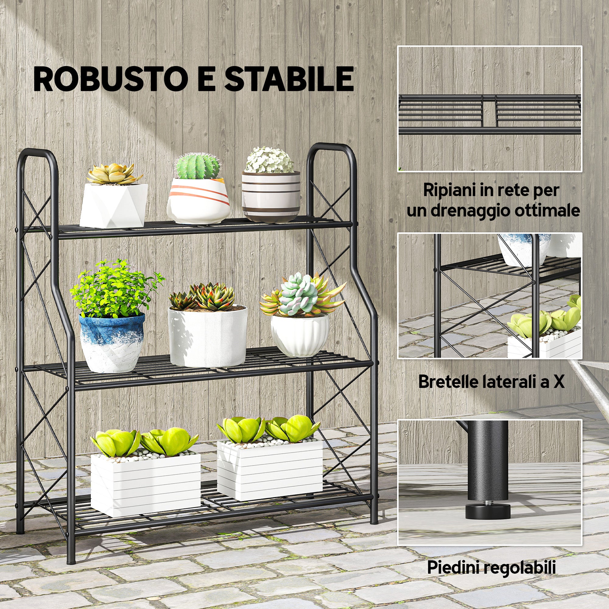 Outsunny 3-Tier Indoor/Outdoor Metal Plant Stand, 69 x 28.5 x 78 cm, Black