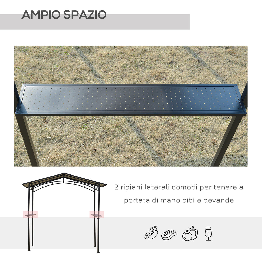 Garden Gazebo for Barbecue BBQ with PC Roof and Side Shelves, 246x149x230cm, Black