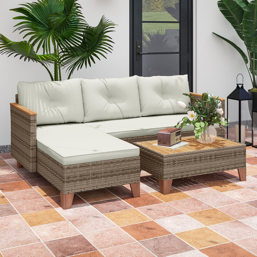 PE Rattan Garden Lounge with 2-Seater Sofa, Chaise Longue and Coffee Table, Cream
