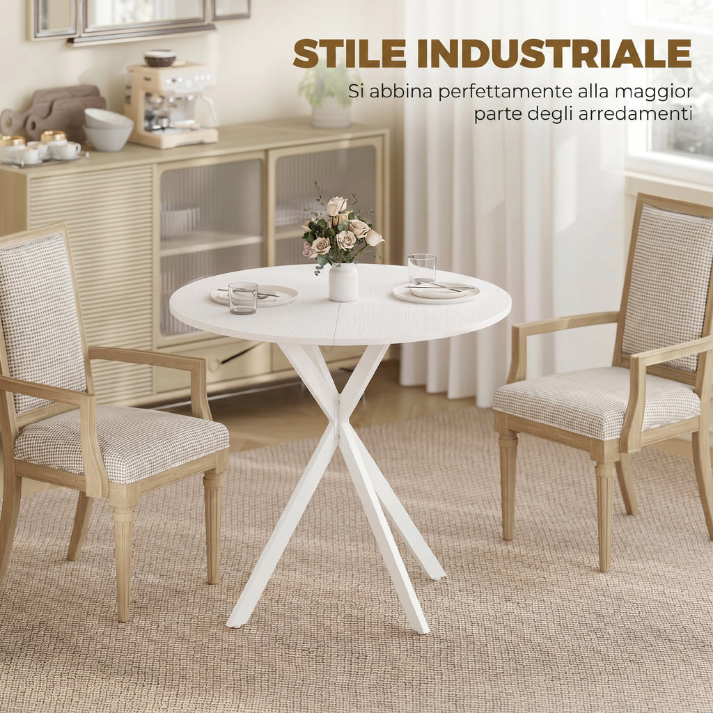 HOMCOM Industrial Style Round Dining Table with Steel Cross Legs, Ø80x75 cm, White