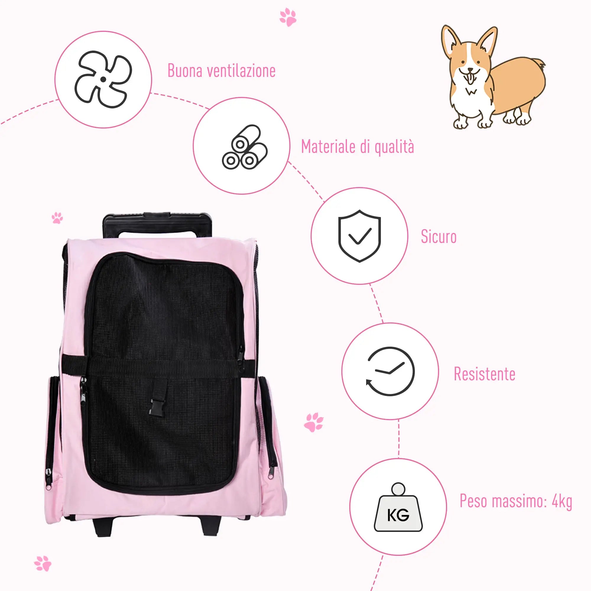 2 in 1 Dog and Cat Carrier Backpack with Side Pockets, Telescopic Handle and Wheels, 42x25x55cm, Pink - Borge' Group Limited