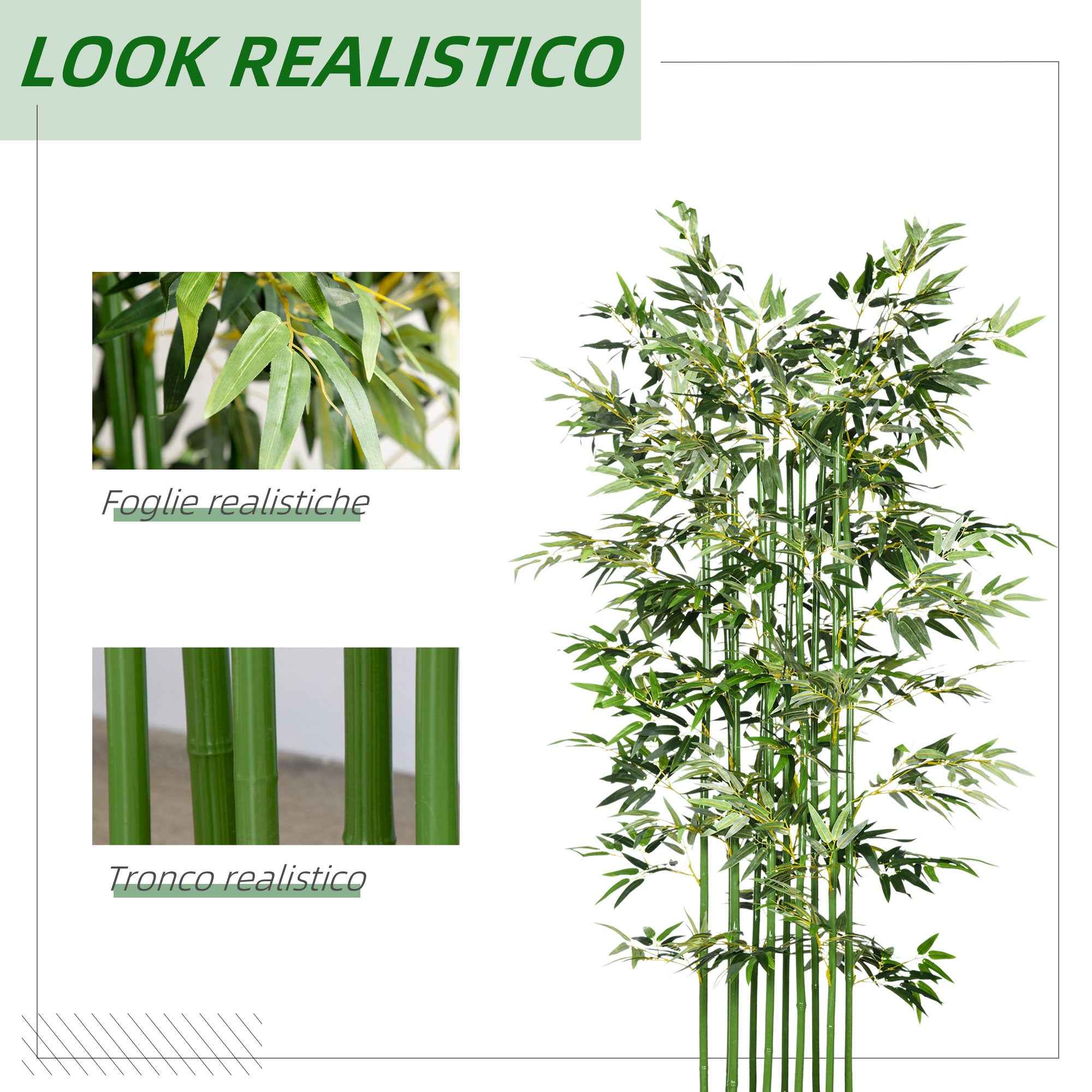 180cm Tall Artificial Bamboo Plant with 1640 Leaves and Pine Wood Base 35x10x10cm, Green