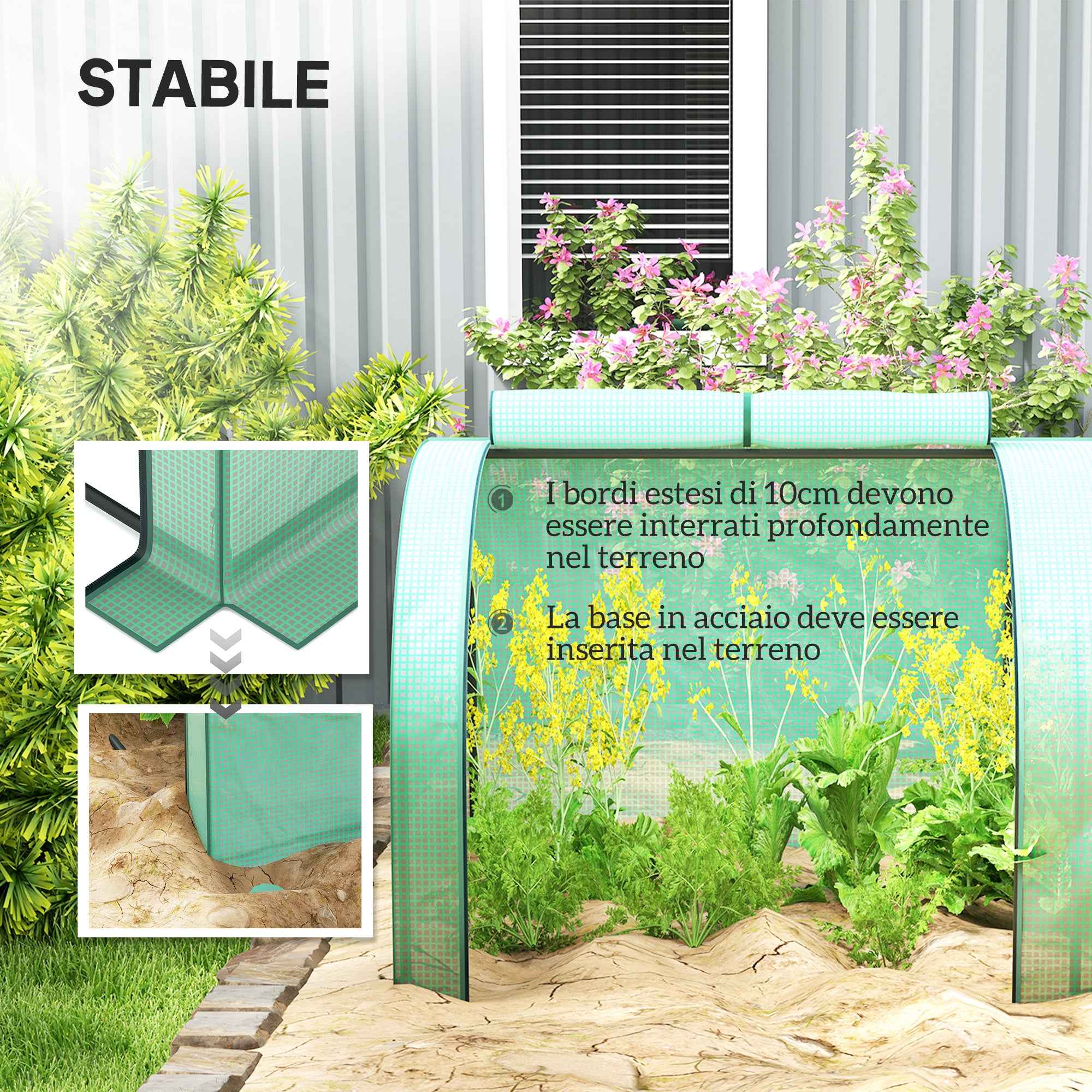 Outsunny Waterproof Anti-UV Steel and Plastic Tunnel Greenhouse with 4 Doors, 395x100x80 cm, Green