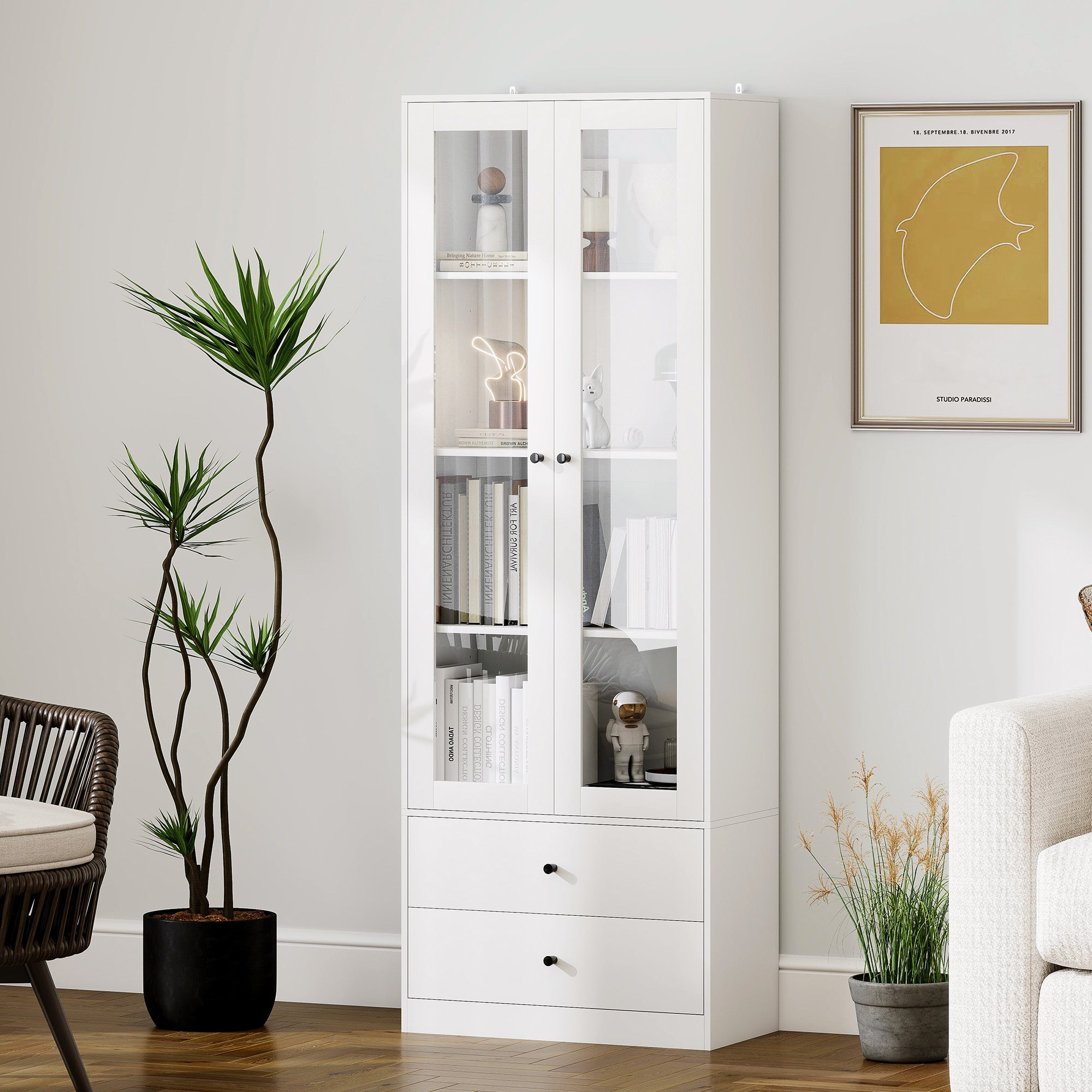 Kitchen Sideboard with Cabinet and 2 Drawers, Glass Doors and Adjustable Shelves, 59x30x164 cm, White