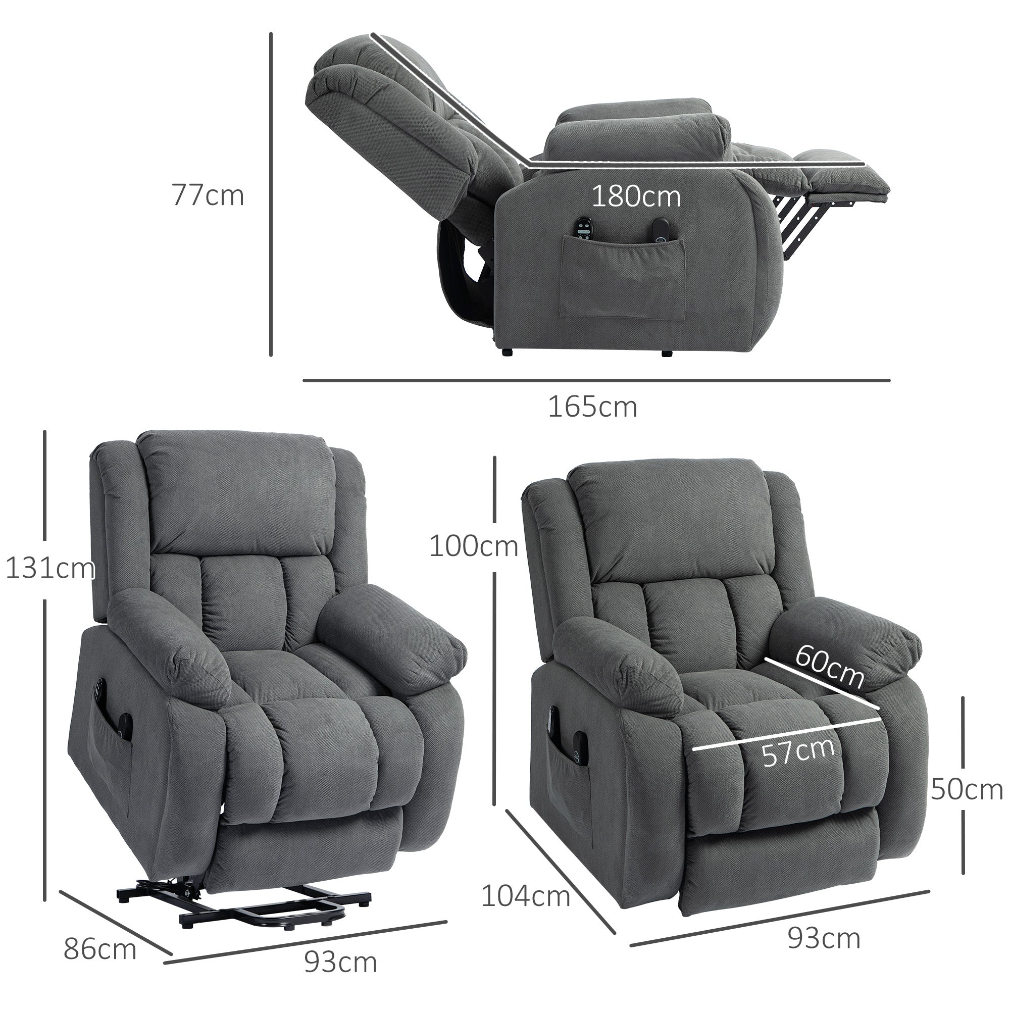 Lift Massage Reclining Chair with 2 Pockets and Remote Control, 93x104x105 cm, Grey