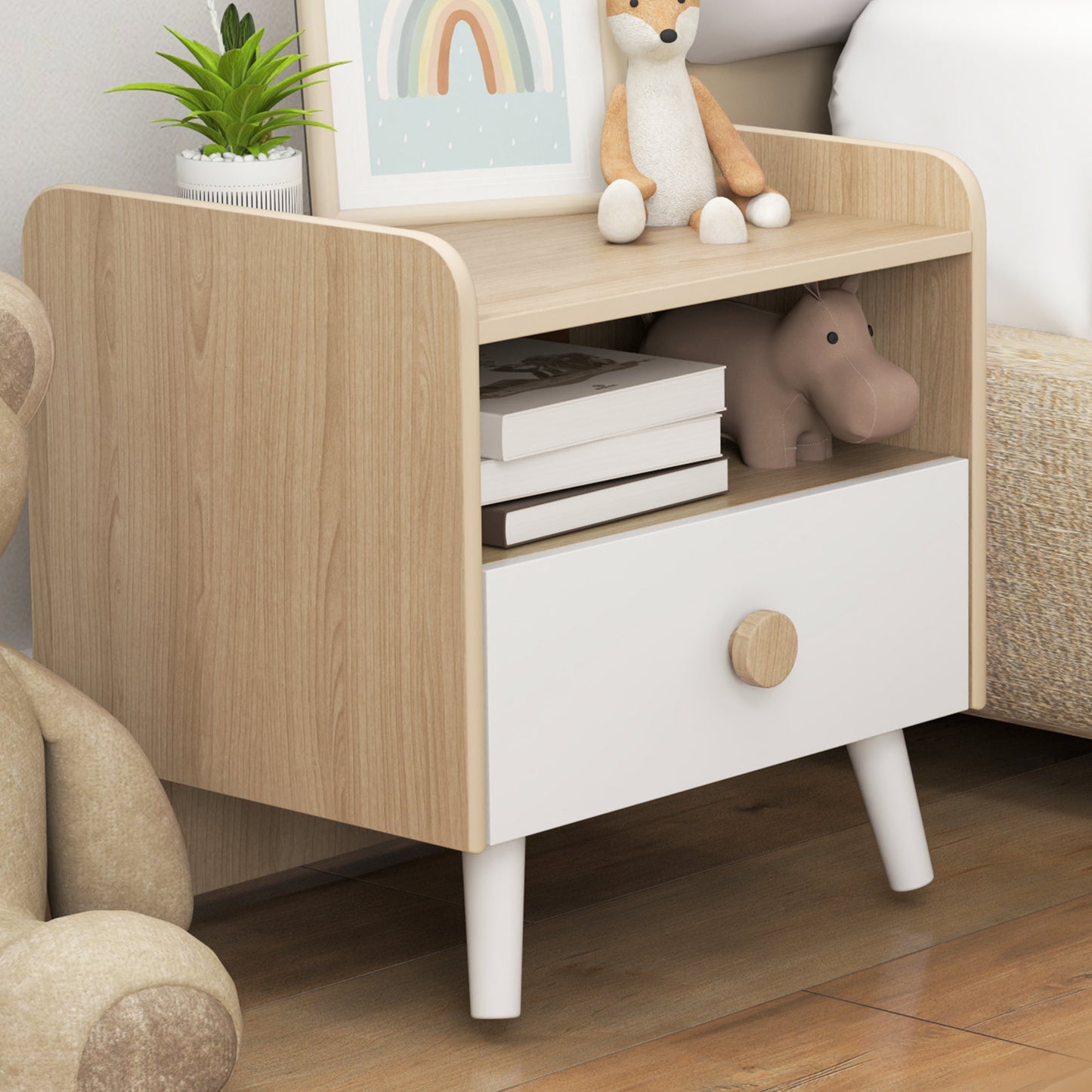 Bedside Table with Drawer for Children 3-10 Years Old in Wood and Pine Wood, 40x32.5x40 cm, White