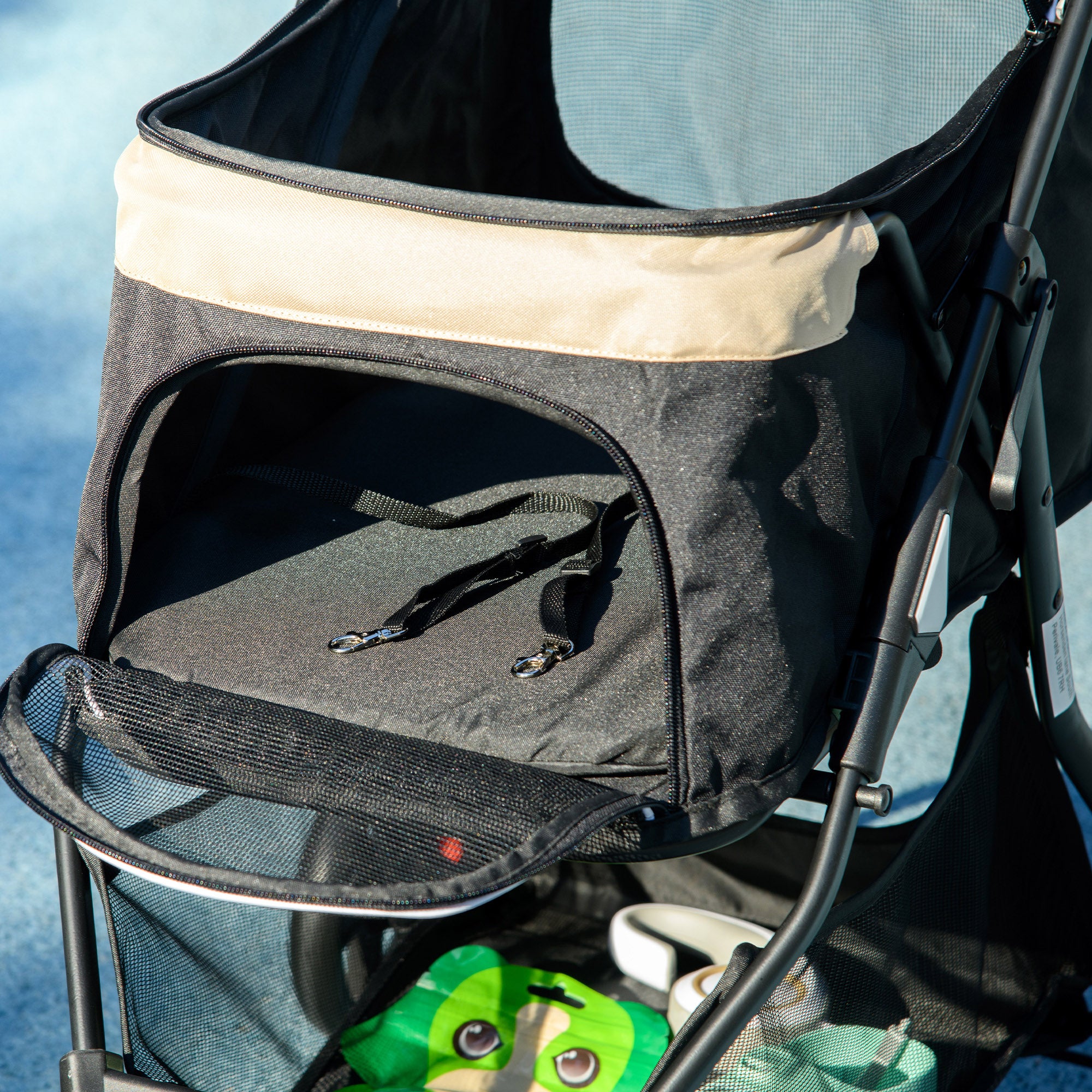 3-Wheel Folding Small Dog Stroller with Rain Cover and Basket, Khaki