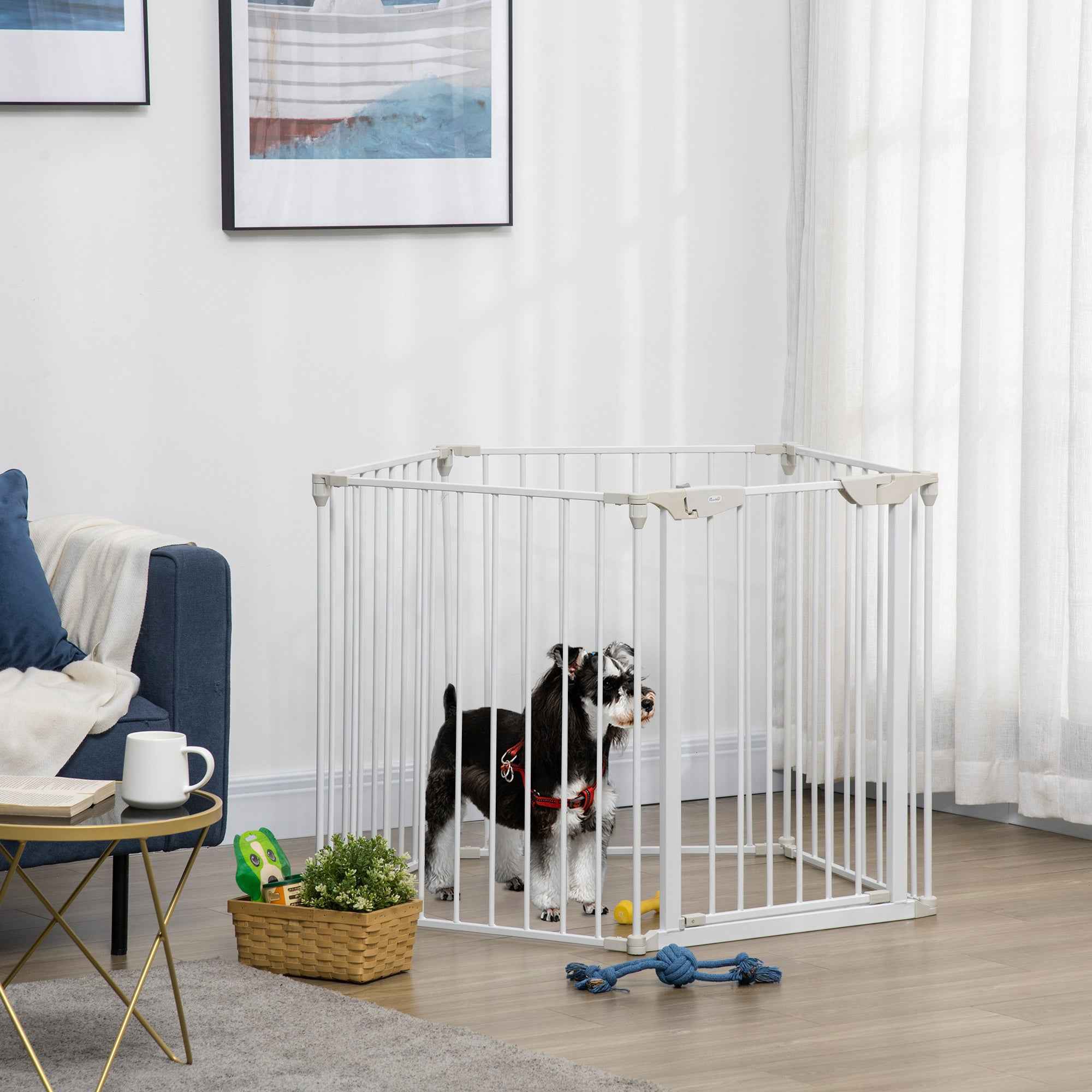 PawHut Adjustable and Foldable Dog Gate with Automatic Closure and Lock, 300 x 74.5 cm, White