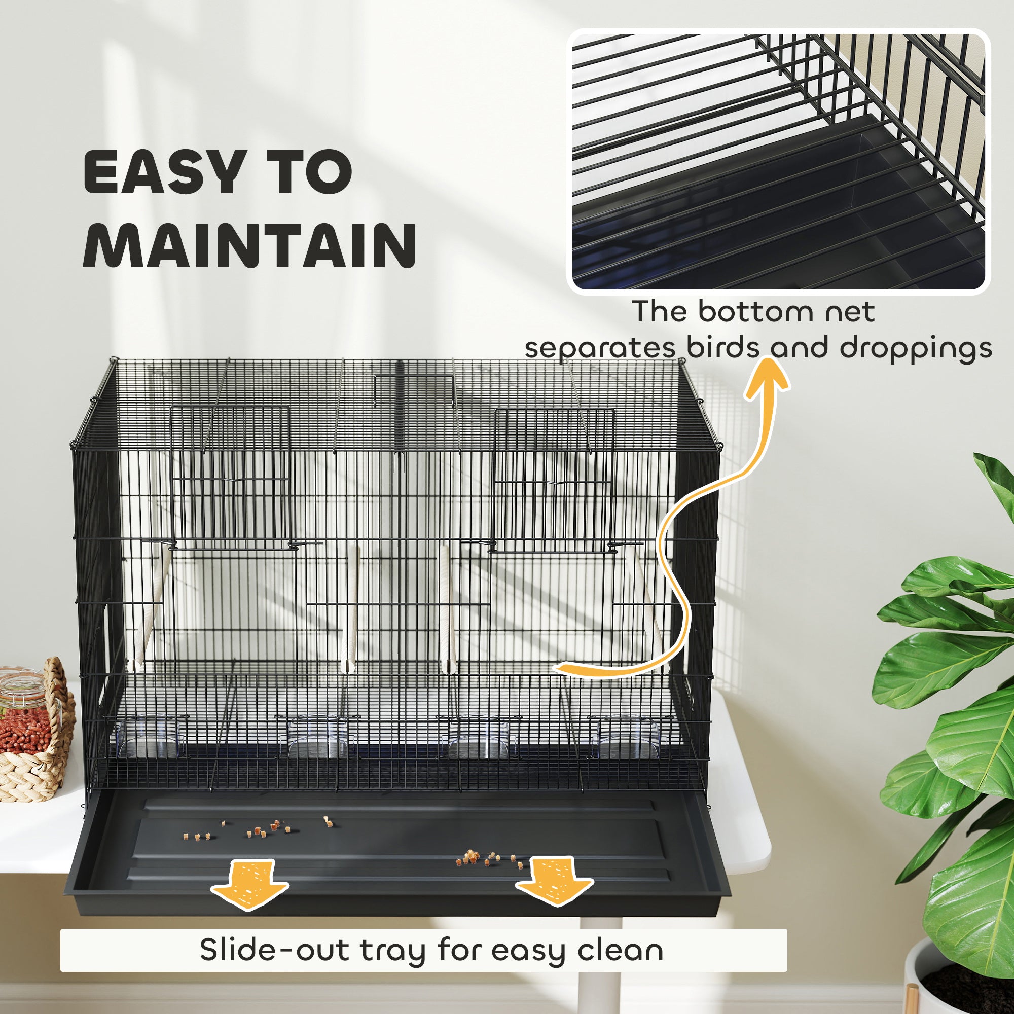 Bird Cage with Divider and Lower Storage Shelf, in Steel and PP, 94x57x57 cm, Black