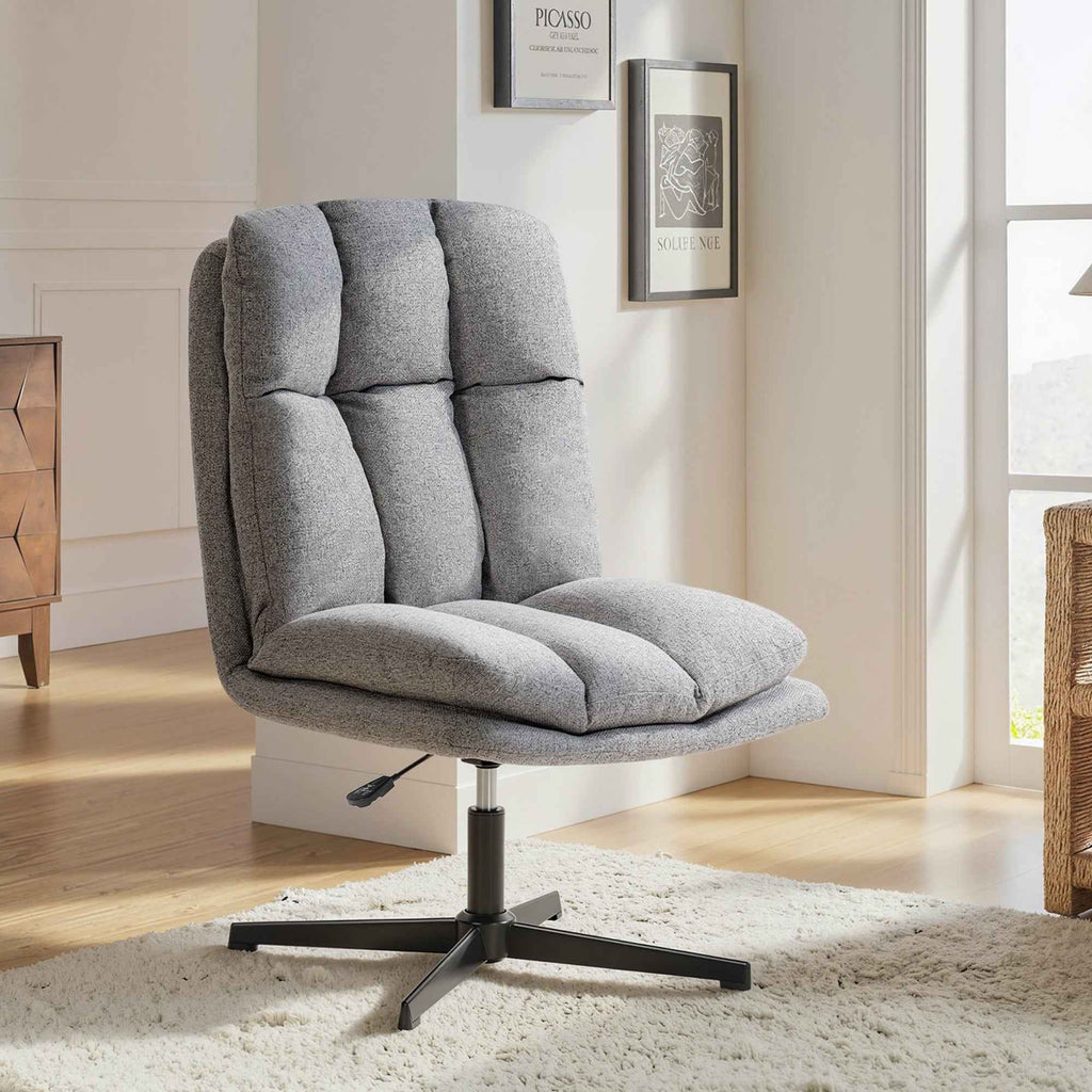 Swivel Living Room Chair in Linen-Effect Fabric and Metal, 63x75x92-102 cm, Light Grey