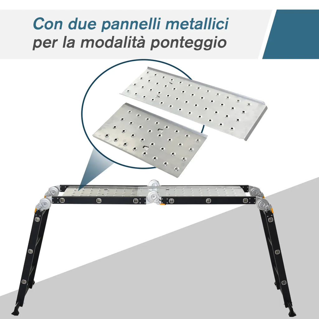 5 in 1 Black Aluminum Ladder for Indoor and Outdoor Use, Max Load 150kg, 370x61x11 cm