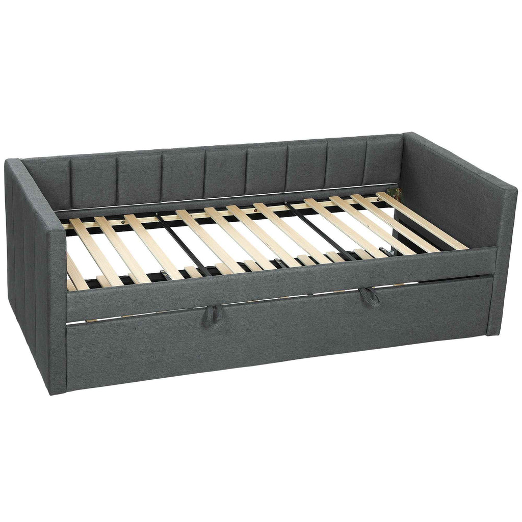 HOMCOM Single Bed with Pull-Out Second Bed, Fabric Upholstery and Armrests, 205x181x70 cm, Dark Grey