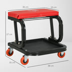 HOMCOM Padded Workshop Stool with Wheels and Tool Tray in Steel and PU, 38x35x37cm, Red - Borgè