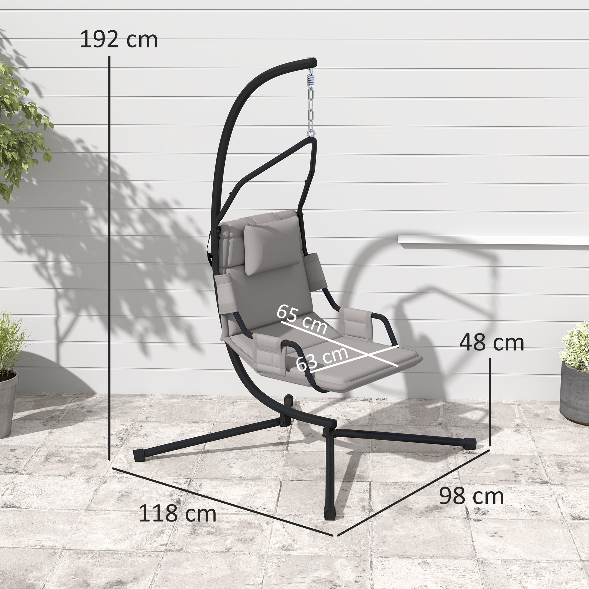 Padded Swing Hammock with Cushion, Hook and Chain, Steel and Polyester, 118x98x192 cm, Grey and Black