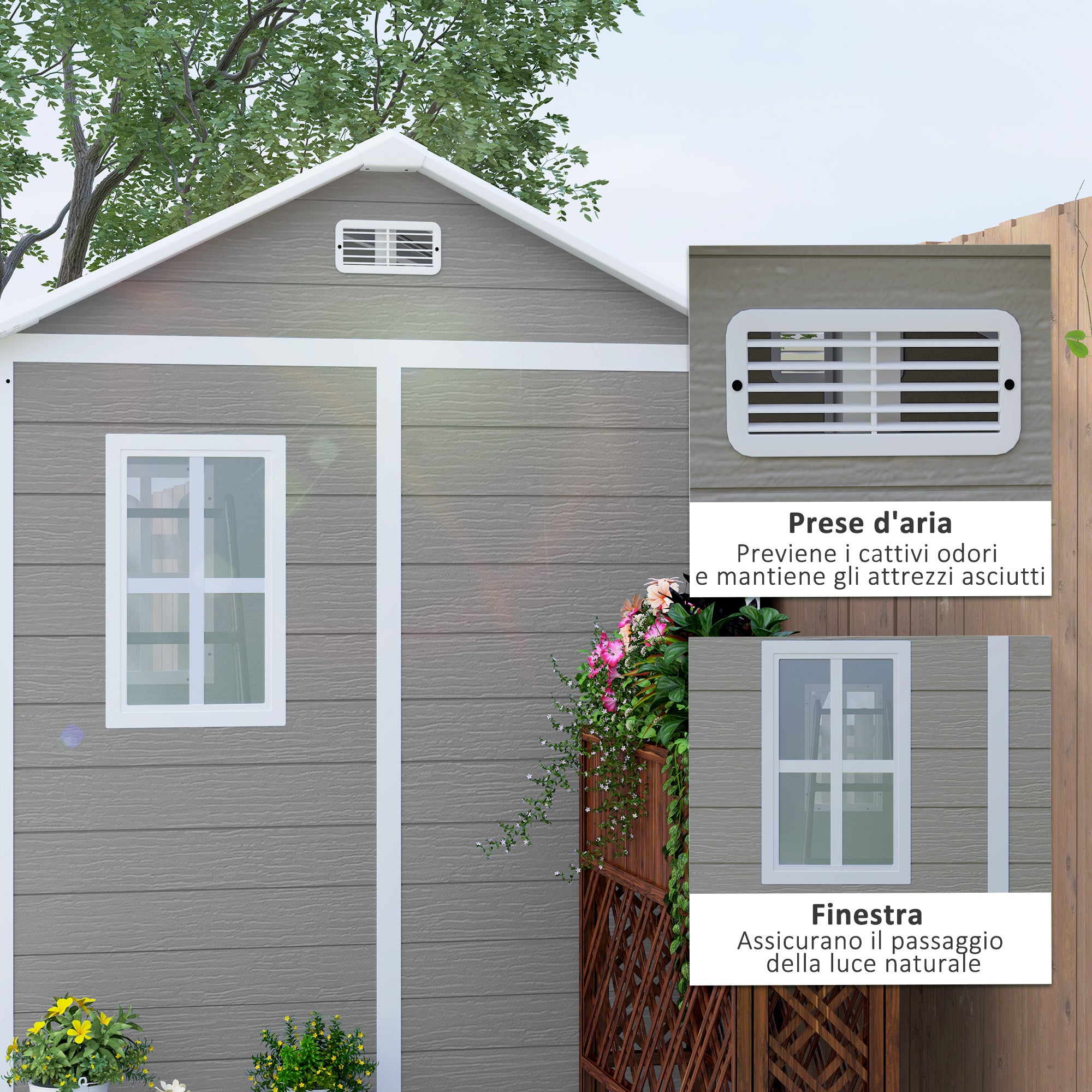 Resin Garden Shed with Floor, 2 Locking Doors, Window, 1.8x1.8m, Grey