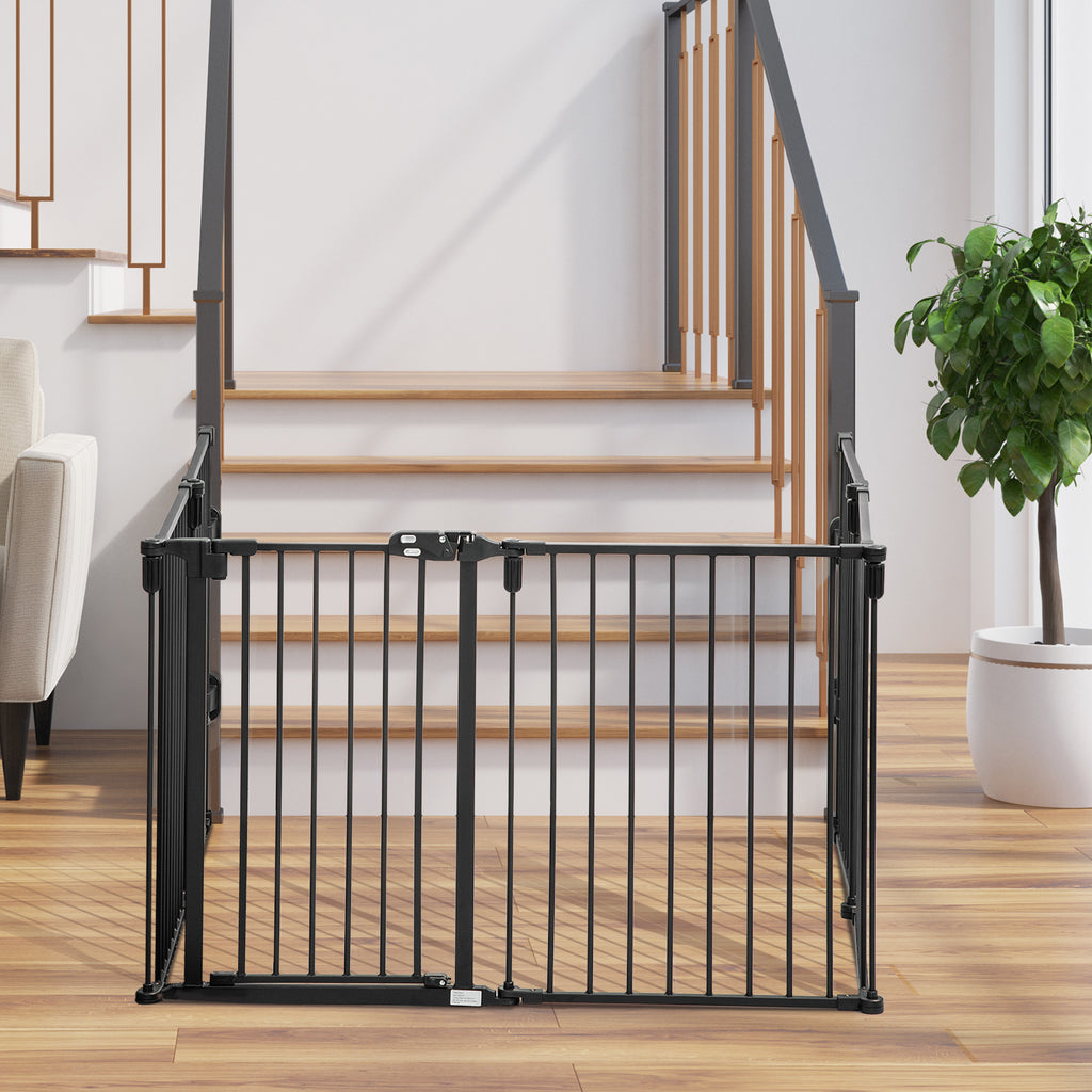 Folding Safety Gate 6 Sections, Steel Dog Barrier Gate, Automatic Locking and Closing System, Black - Borgè