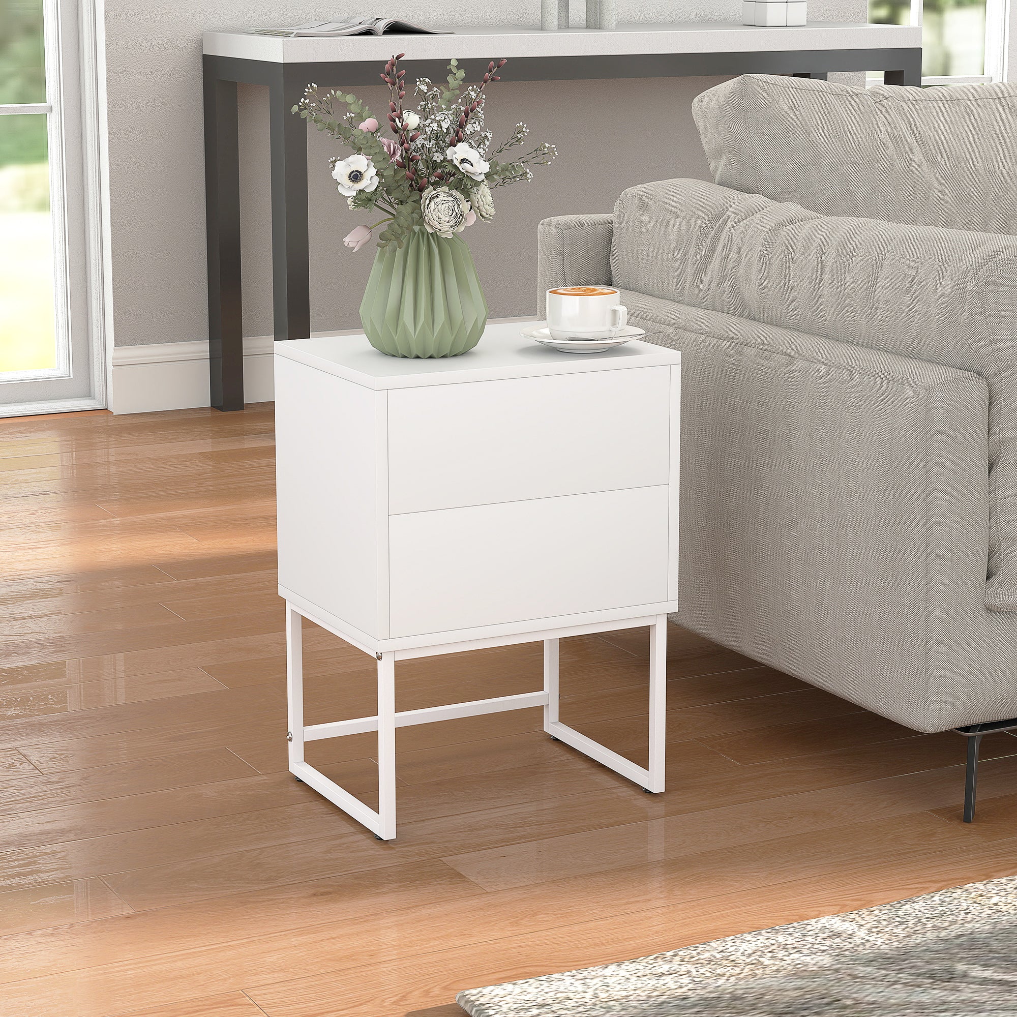 Modern 2-Drawer Bedside Table with Push-Opening, MDF and Steel, 40x30x50 cm, White