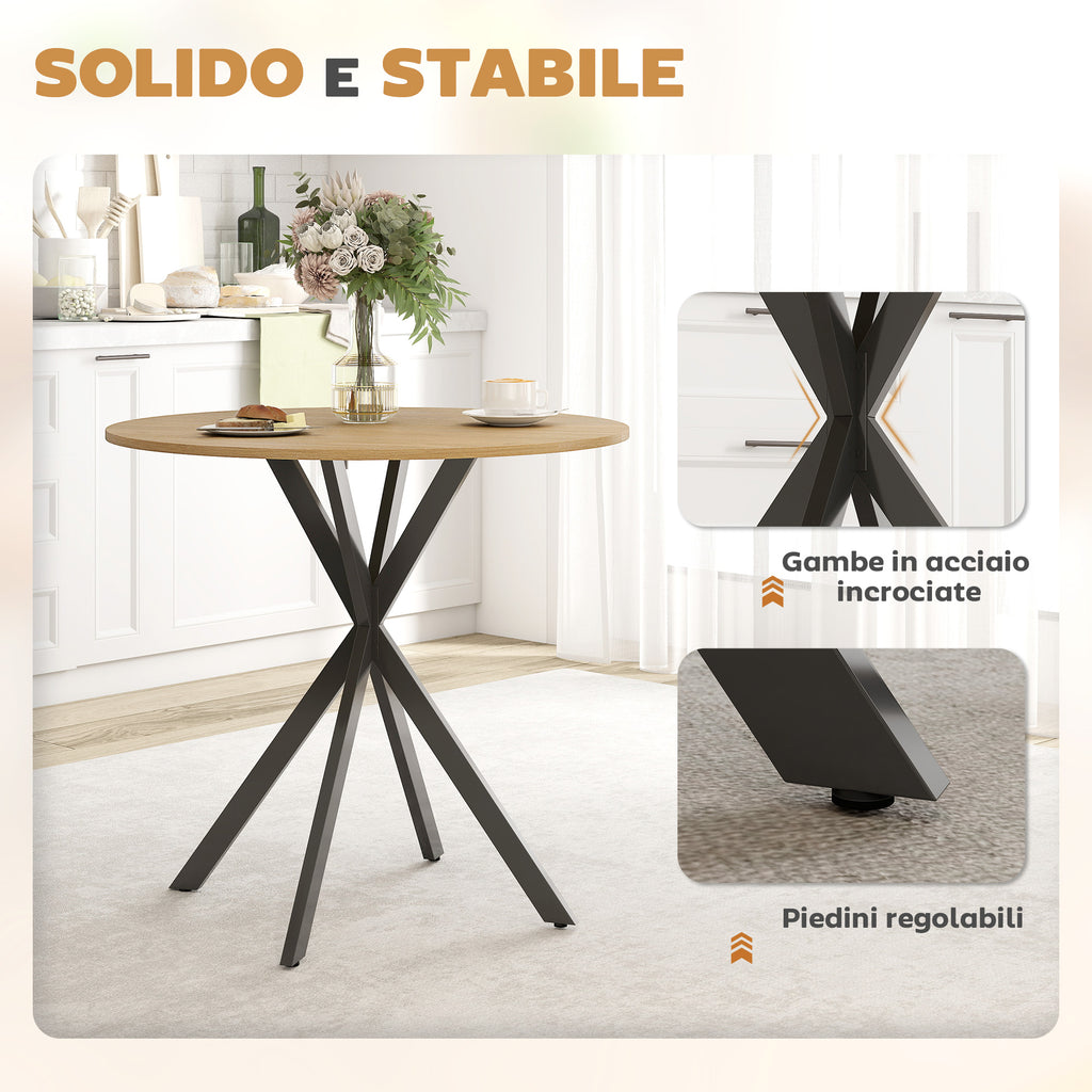 HOMCOM Industrial Style Round Dining Table with Steel Cross Legs, Ø80x75 cm, Oak Color