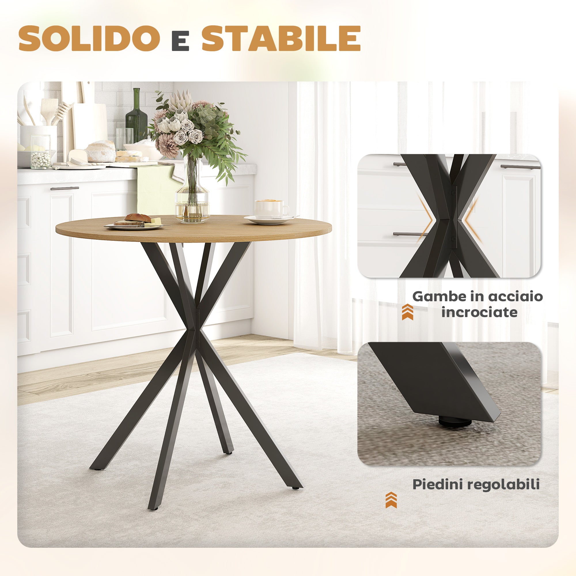 HOMCOM Industrial Style Round Dining Table with Steel Cross Legs, Ø80x75 cm, Oak Color