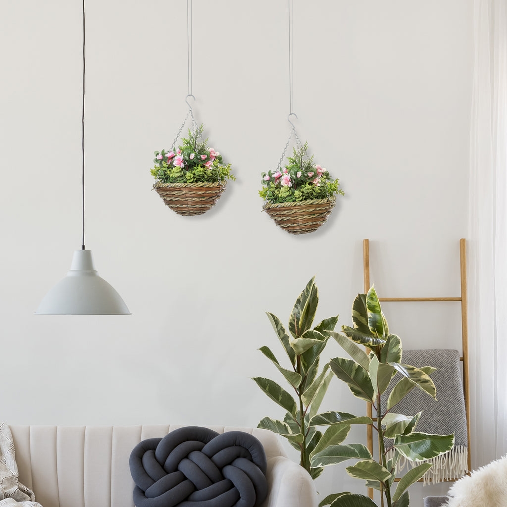 Set of 2 Fake Lisianthus Plants to Hang for Indoor and Outdoor Use with Wicker Pot and Chains, ?25x34cm, Pink and Green - Borgè