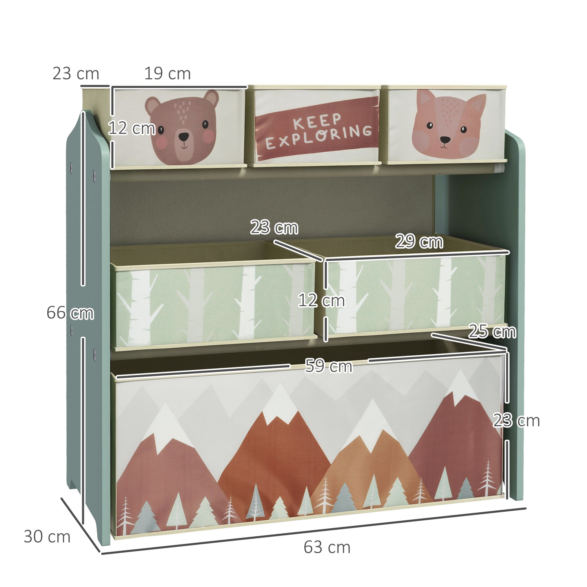 ZONEKIZ Children's Toy Shelf with 6 Removable Fabric Containers, 63x30x66cm, Green - Borgè