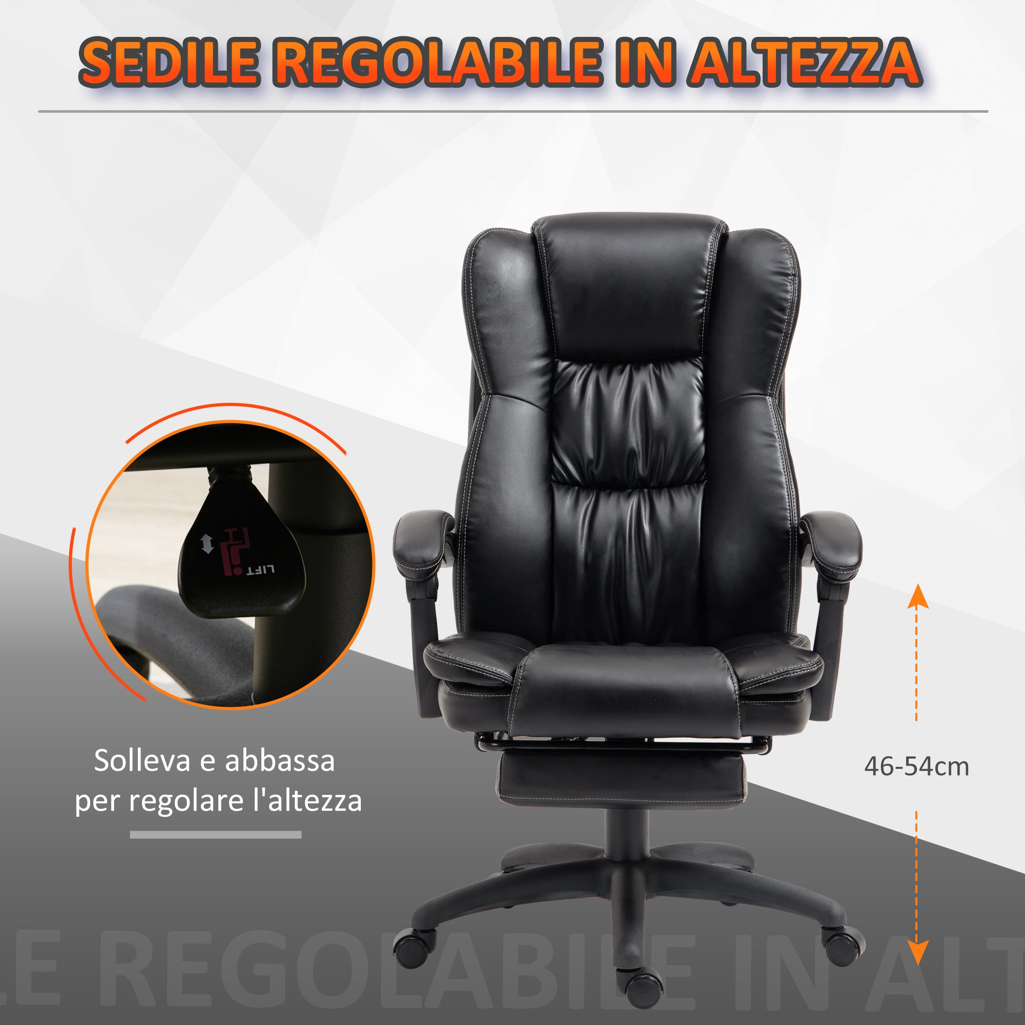 Vinsetto Height Adjustable Office Chair with 6 Massage Points, in Faux Leather, 68.5x68.5x113-121 cm, Black - Borgè