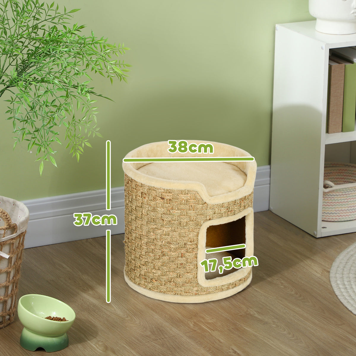 PawHut 37cm High, 2-Tier Cat Tree with Nest and Sisal Rope, Up to 5kg, Khaki