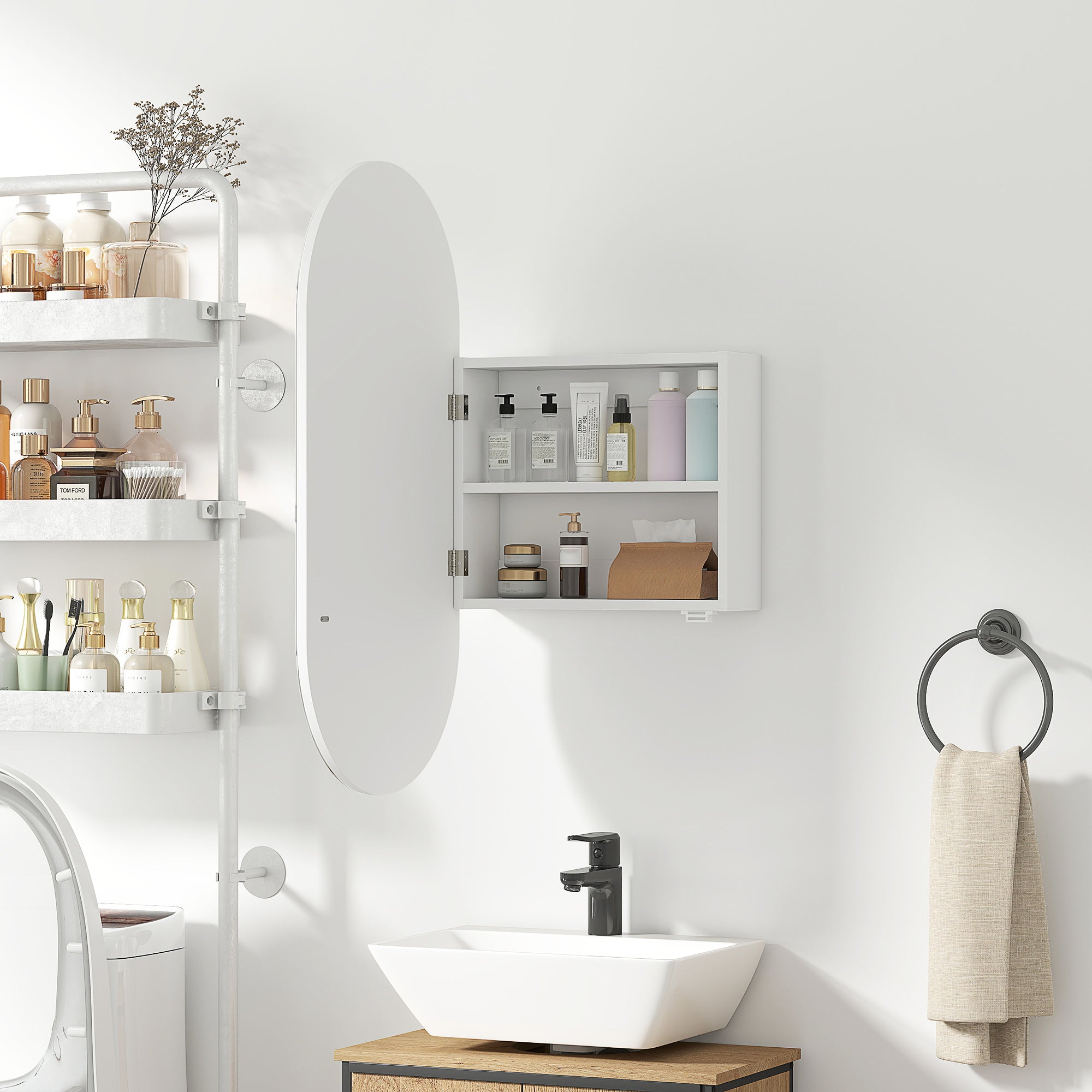 Modern Oval Bathroom Mirror with Cabinet and Two Shelves, 45x90 cm, White