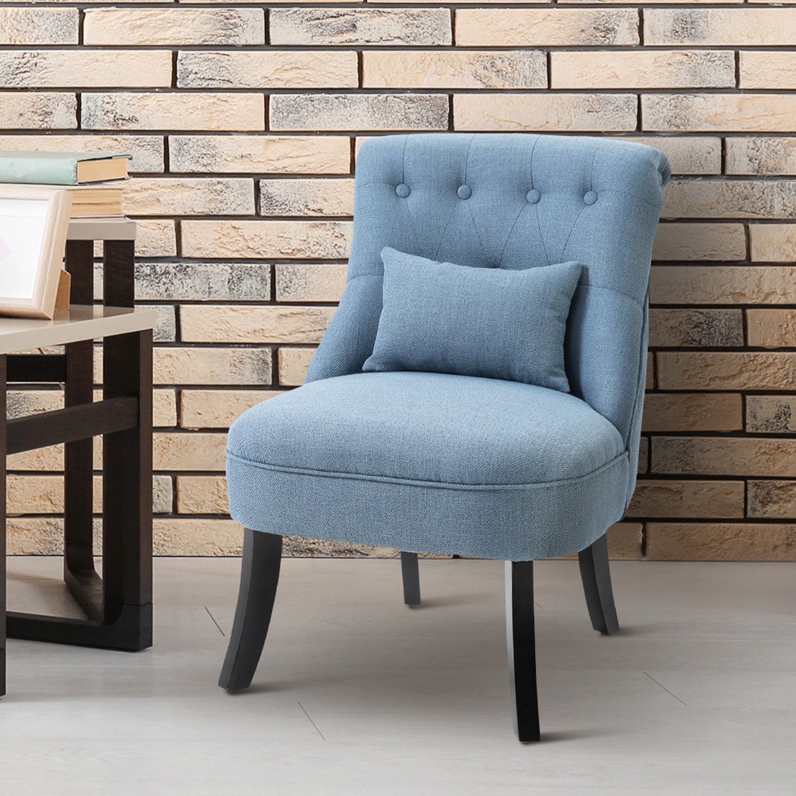 Upholstered Living Room Armchair with Cushion, in Linen and Wood Effect Fabric, 52.5x69x77 cm, Blue