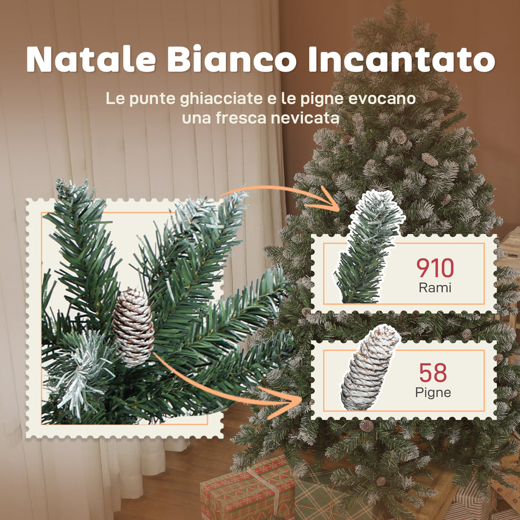 180cm Tall Snow-Covered Christmas Tree with 910 Branches and Pine Cones, Foldable Metal Base, Green