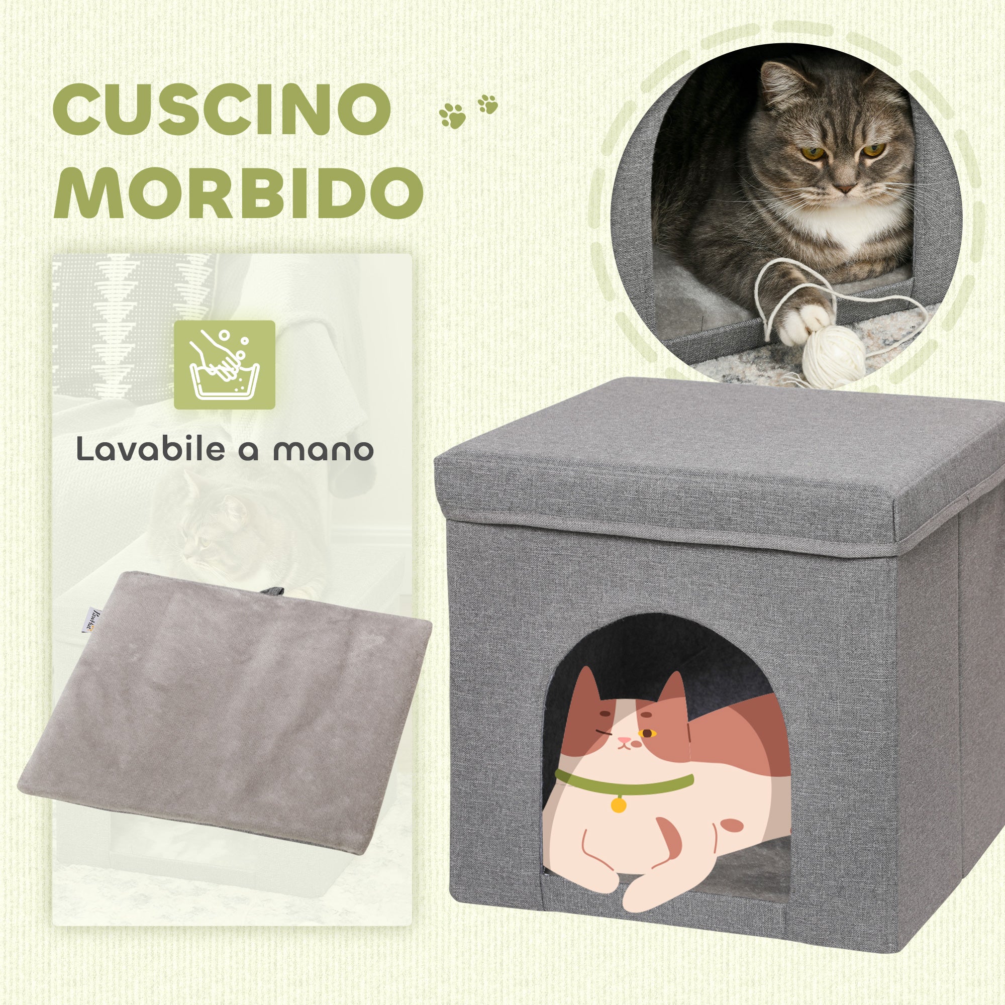Foldable Cat House with Cushion and Scratching Mat, 36.5 x 36.5 x 36.5 cm, Grey