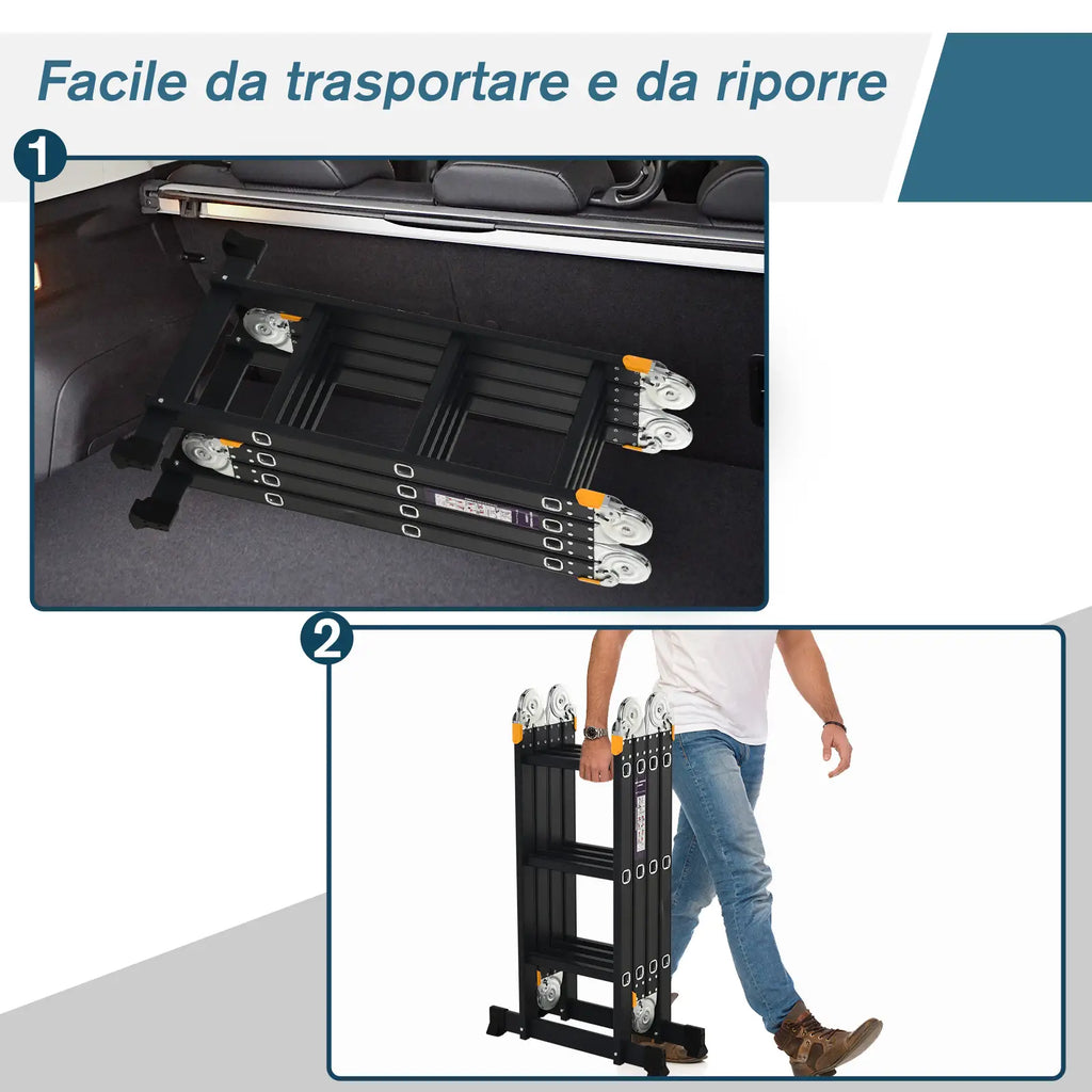 5 in 1 Black Aluminum Ladder for Indoor and Outdoor Use, Max Load 150kg, 370x61x11 cm