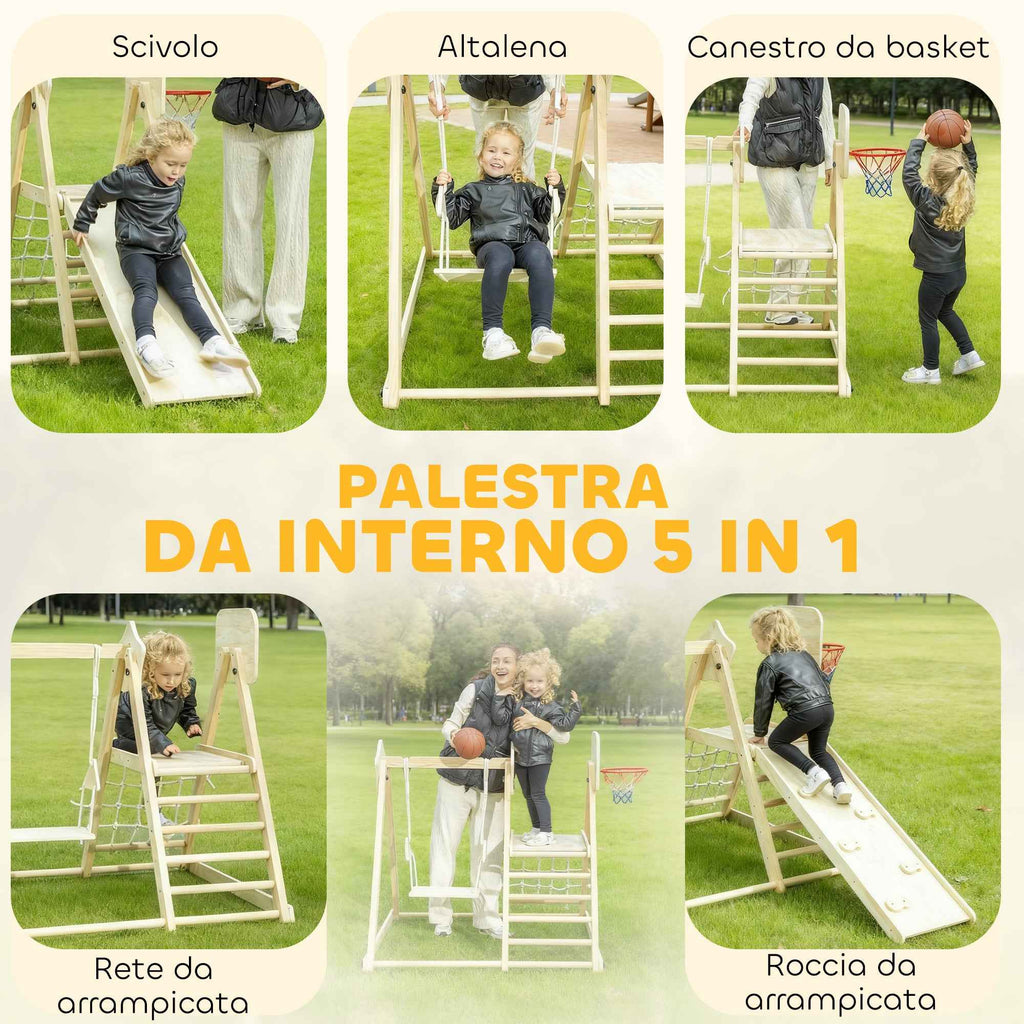 AIYAPLAY 5-in-1 Folding Climbing Game with Slide, 2 Walls, Swing and Basketball Hoop, Wooden, 140x172.5x116.5 cm