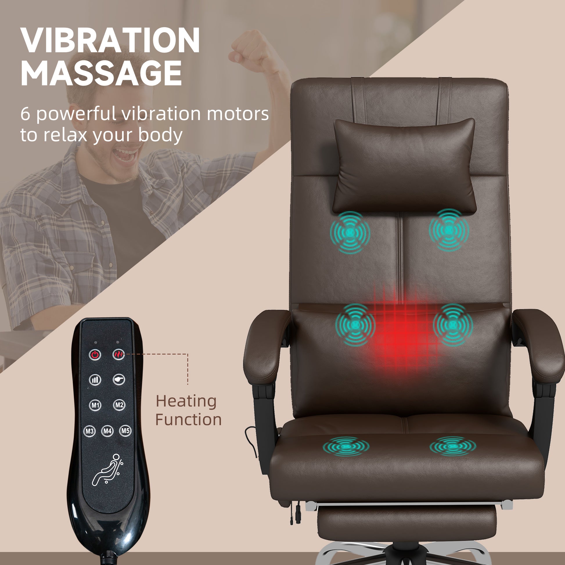 Vivact of office chair massacre with adjustable height with footrests and remote control, 66x67x115-123 cm, brown - Borgè