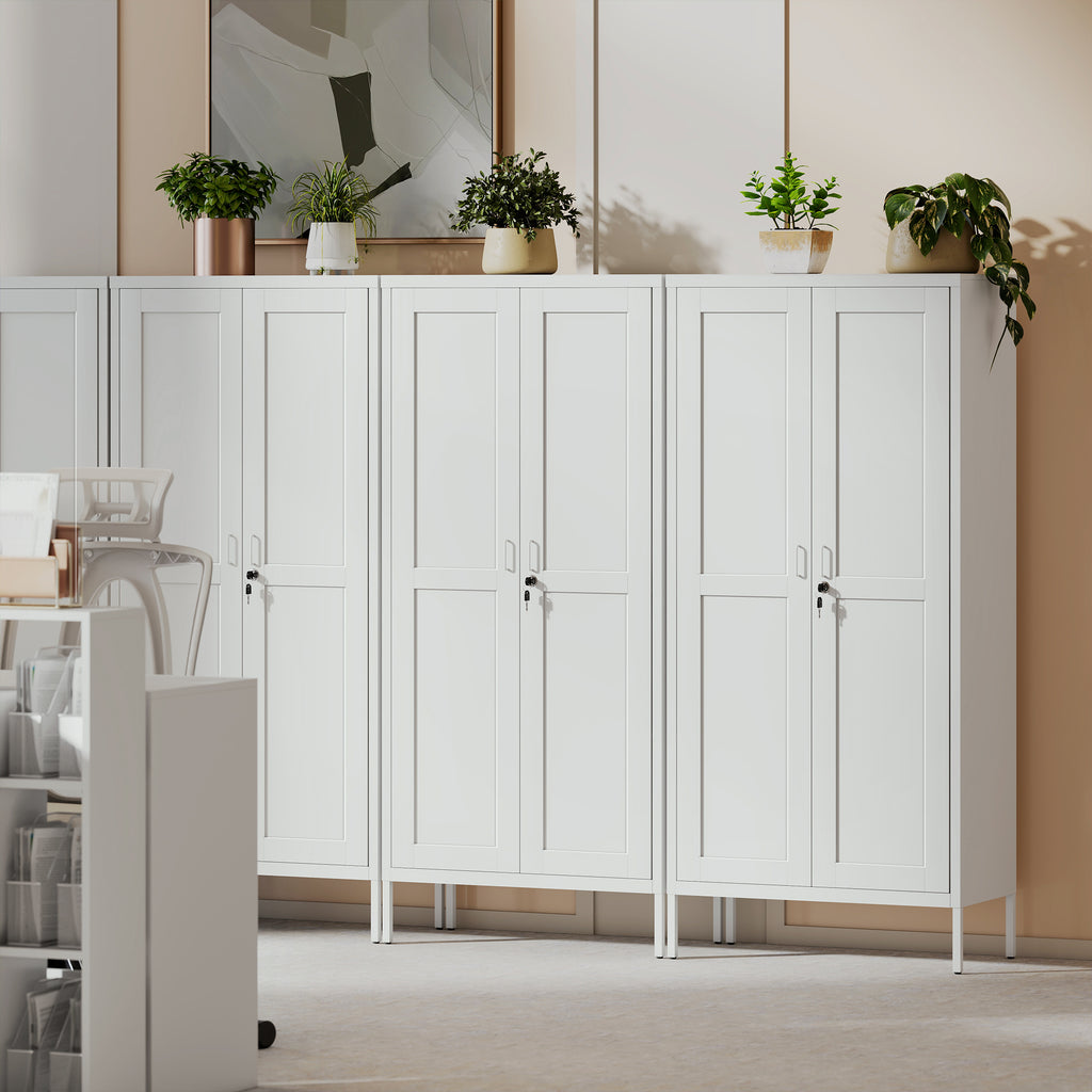 3-Tier Adjustable Steel Office Cabinet with Lock and 2 Keys, 80x40x175cm, White