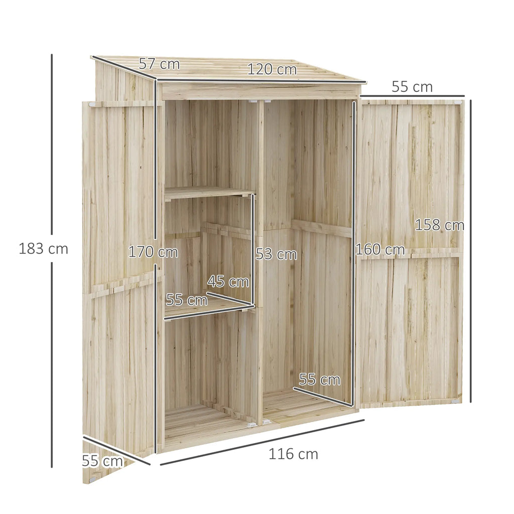 Garden Shed in Fir Wood with 2 Doors and Shelves, 120x57x183cm, Natural - Borge' Group Limited