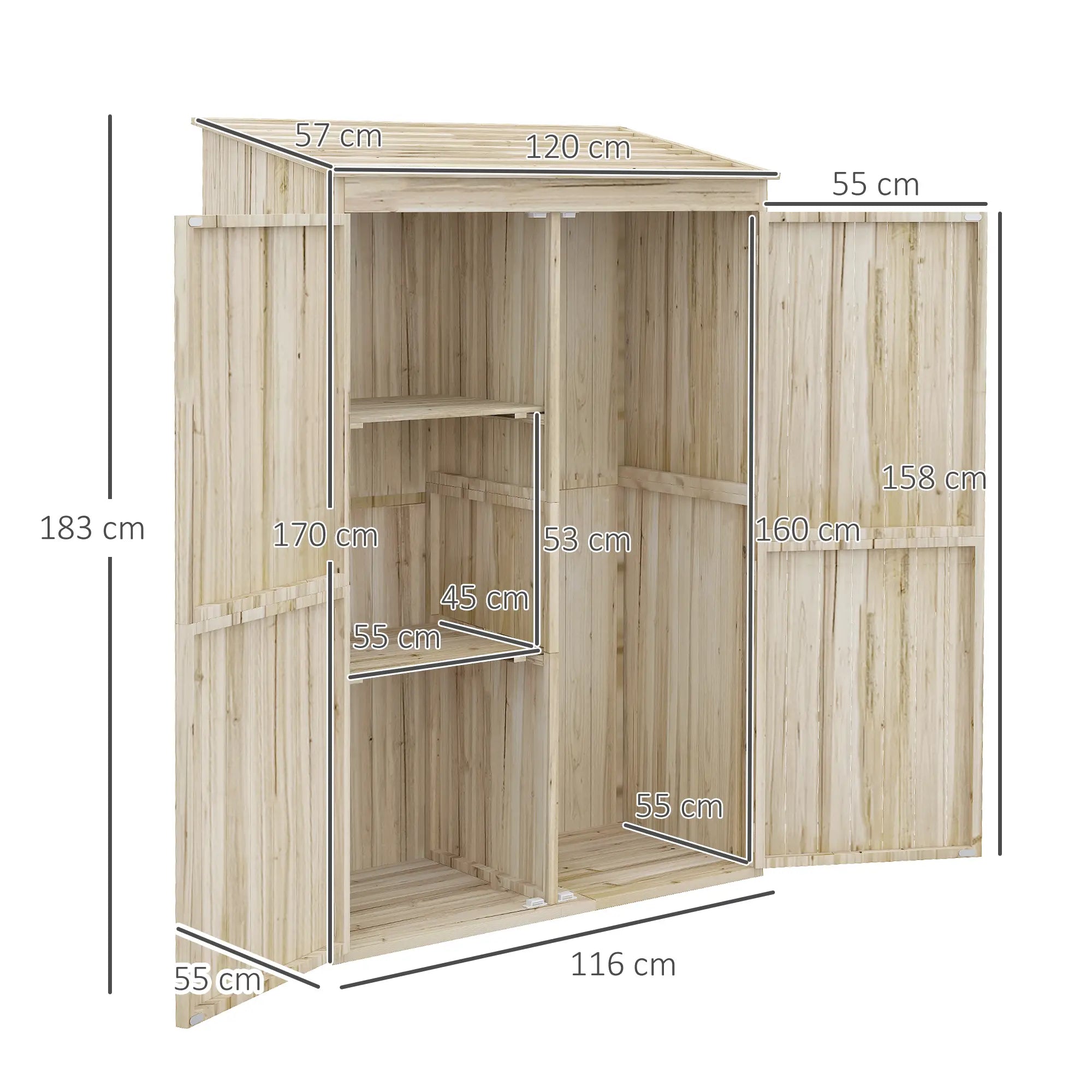 Garden Shed in Fir Wood with 2 Doors and Shelves, 120x57x183cm, Natural - Borge' Group Limited