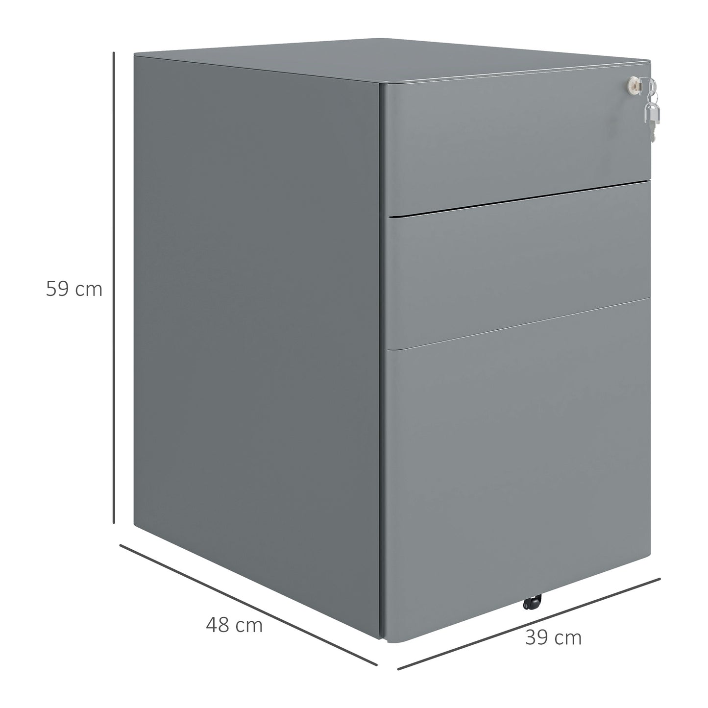 Office Drawer Unit 3 Steel Drawers with Lock and Wheels, 39x48x59cm, Grey