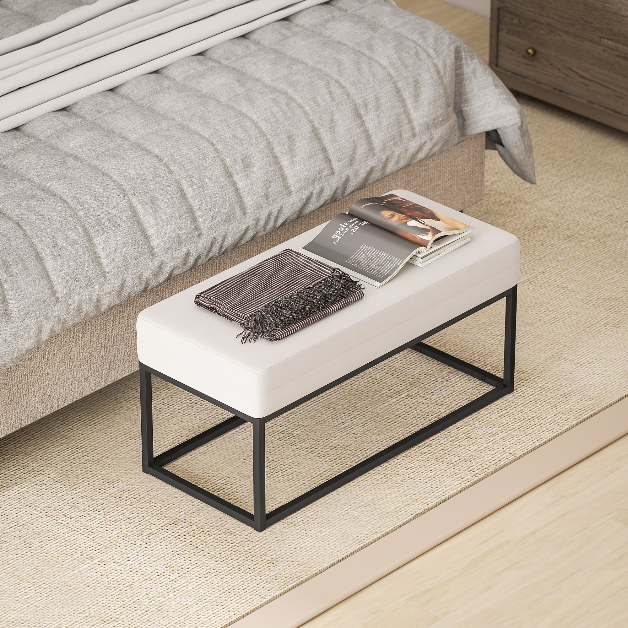 Modern Steel, Sponge and Velvet Fabric Entrance Bench with Adjustable Feet, 94x42x44 cm, Cream