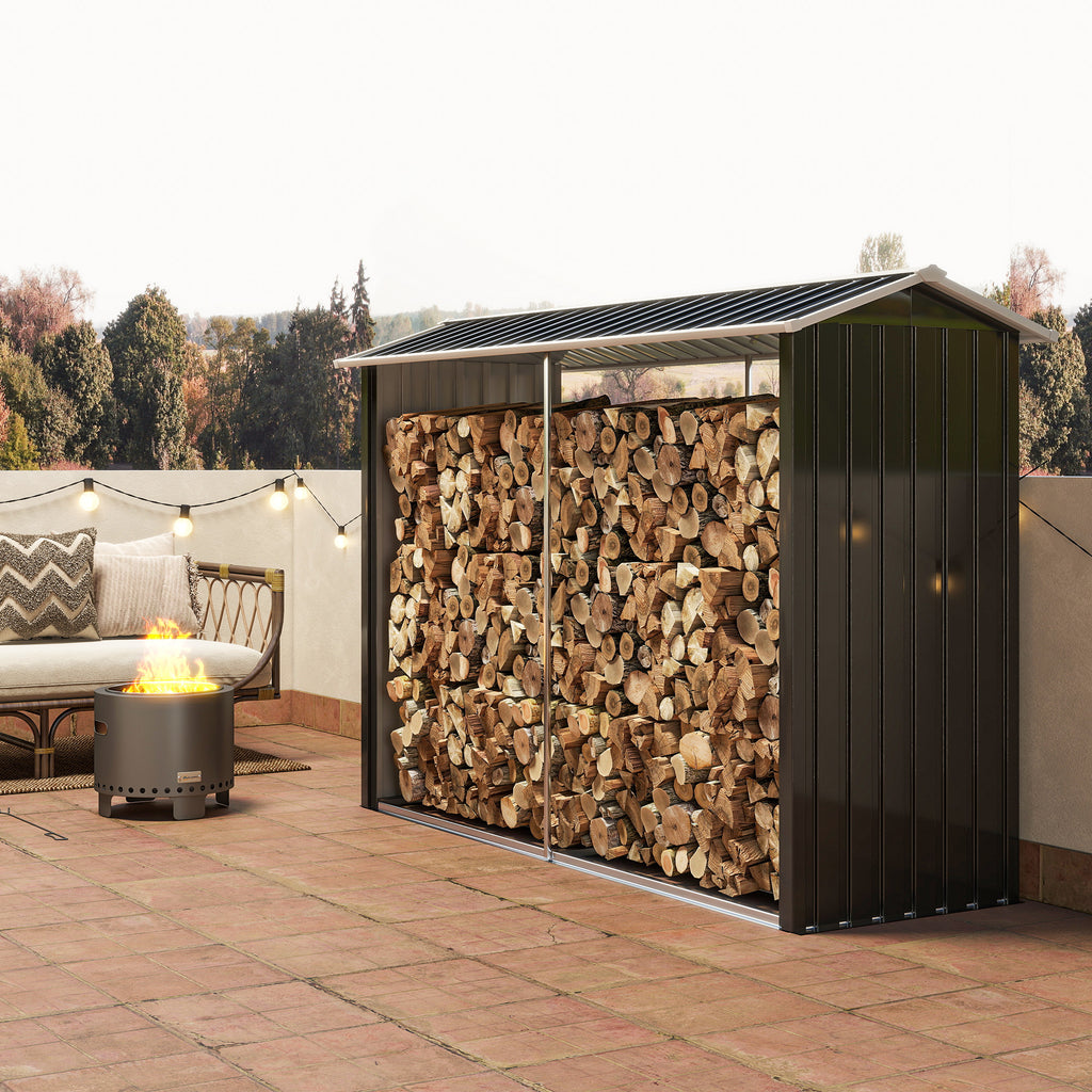 Wood Shed with Galvanized Steel Frame and Raised Base, 240x 86x160cm, Black