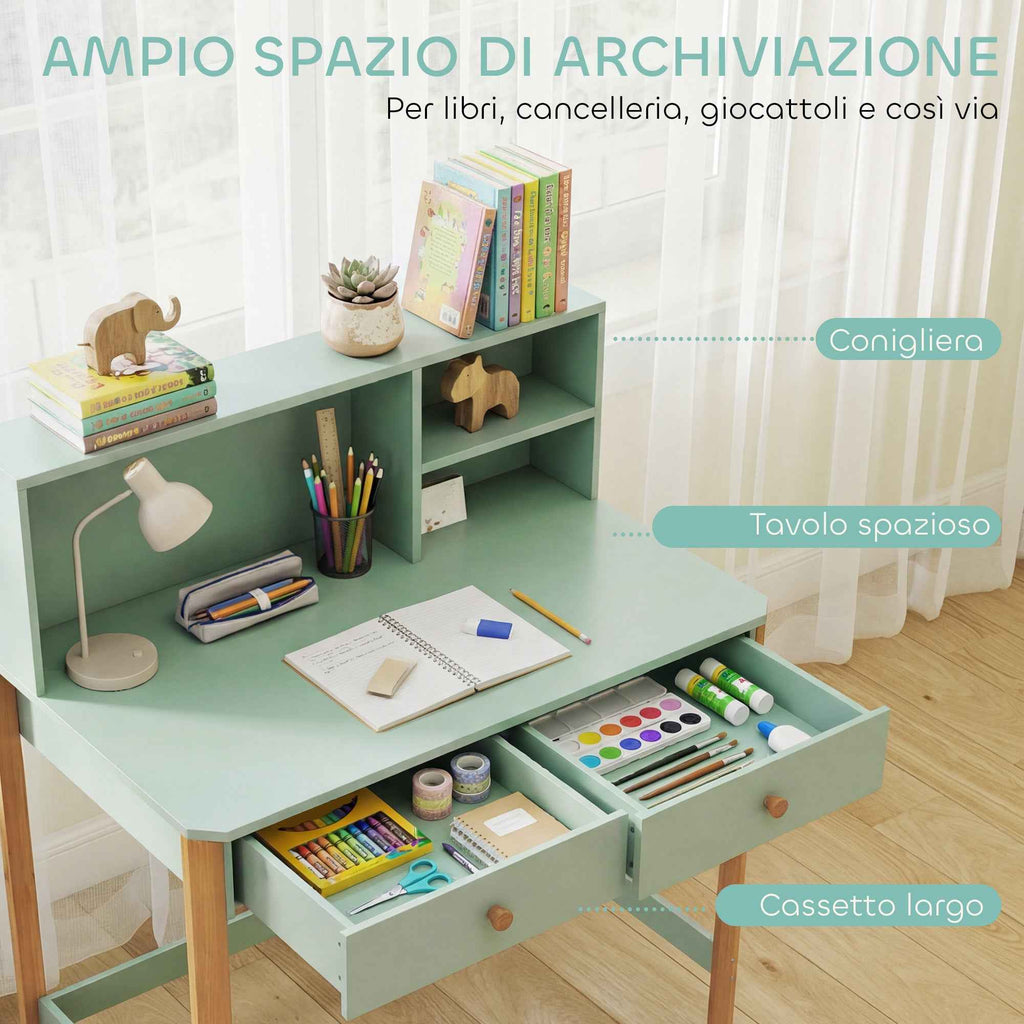 Children's Desk for Ages 5-12 with 3 Shelves and 2 Drawers, Wooden, 90x52x105 cm, Green