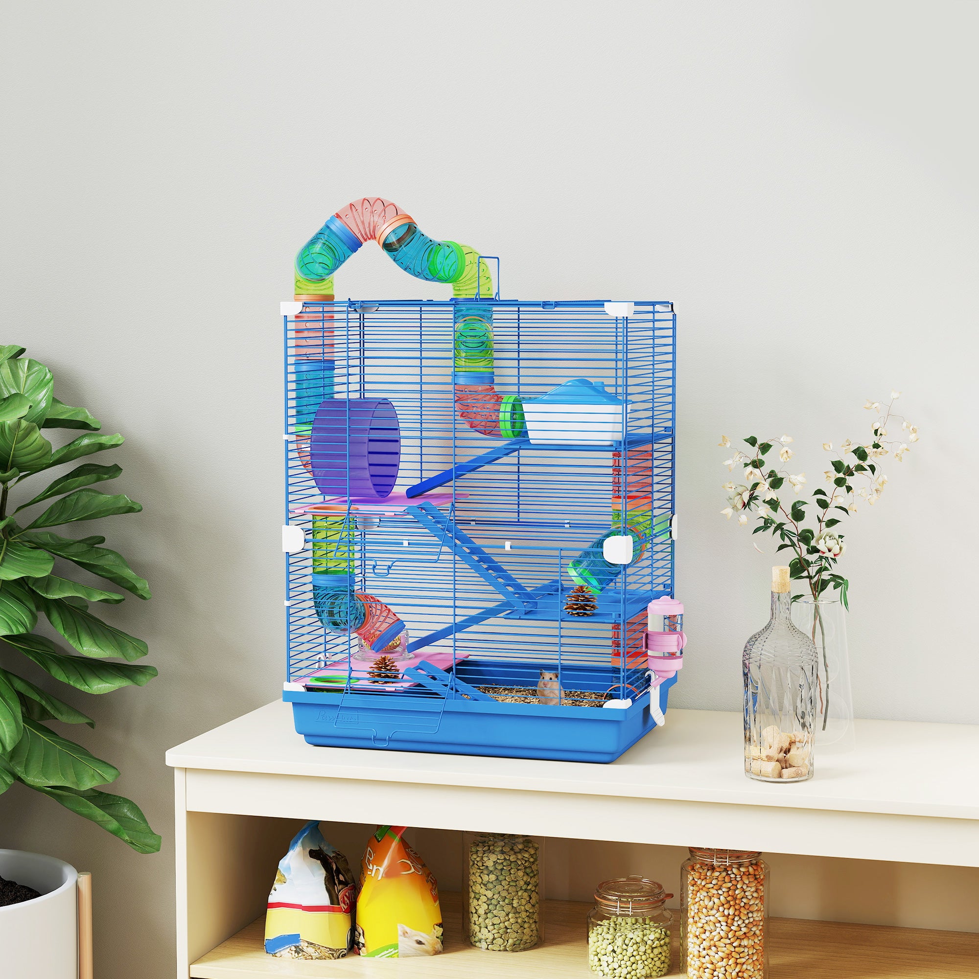5-Level Hamster Cage with Tubes, Wheel, Ladders, House and Bottle, 46x30x58 cm