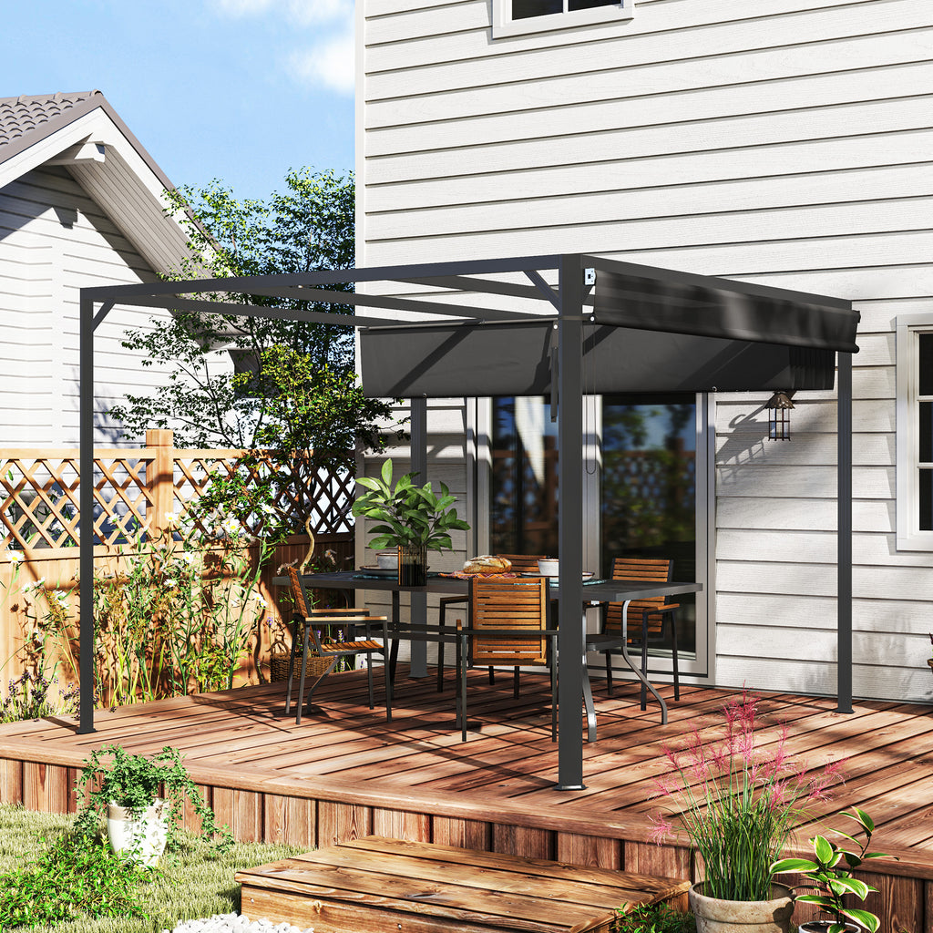 Gazebo Pergola Retractable 3x3 m with Roller Blind and Drainage Holes, in Steel and Polyester Dark Grey