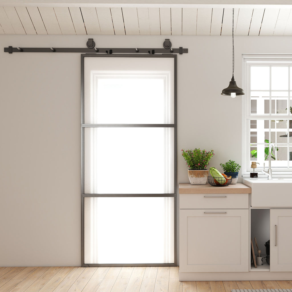 HOMCOM External Sliding Door 91.4x203.2cm in Satin Glass, Soft-close System, Industrial Style, Waterproof