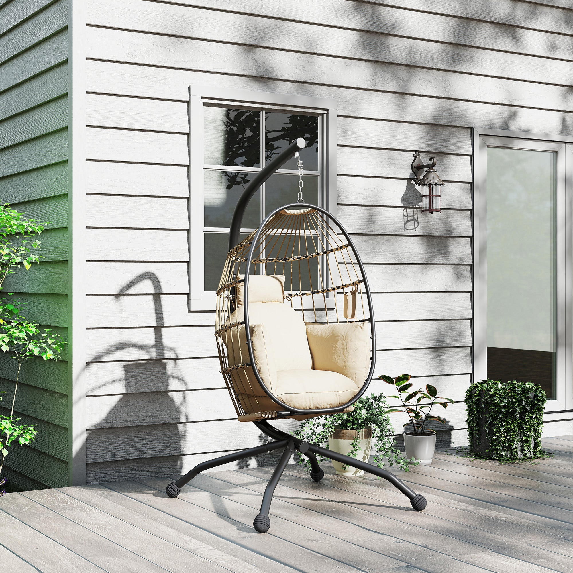 Hanging Egg Chair with Adjustable Hook, 2 Cushions and Folding Basket, 120x88x192 cm, Khaki