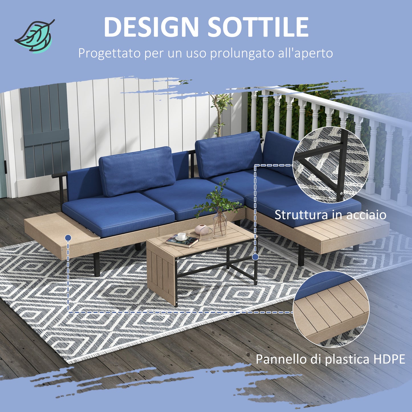 Elegant Garden Outdoor Garden furniture: Blue Corner Sofa & Steel Coffee Table - Borgè